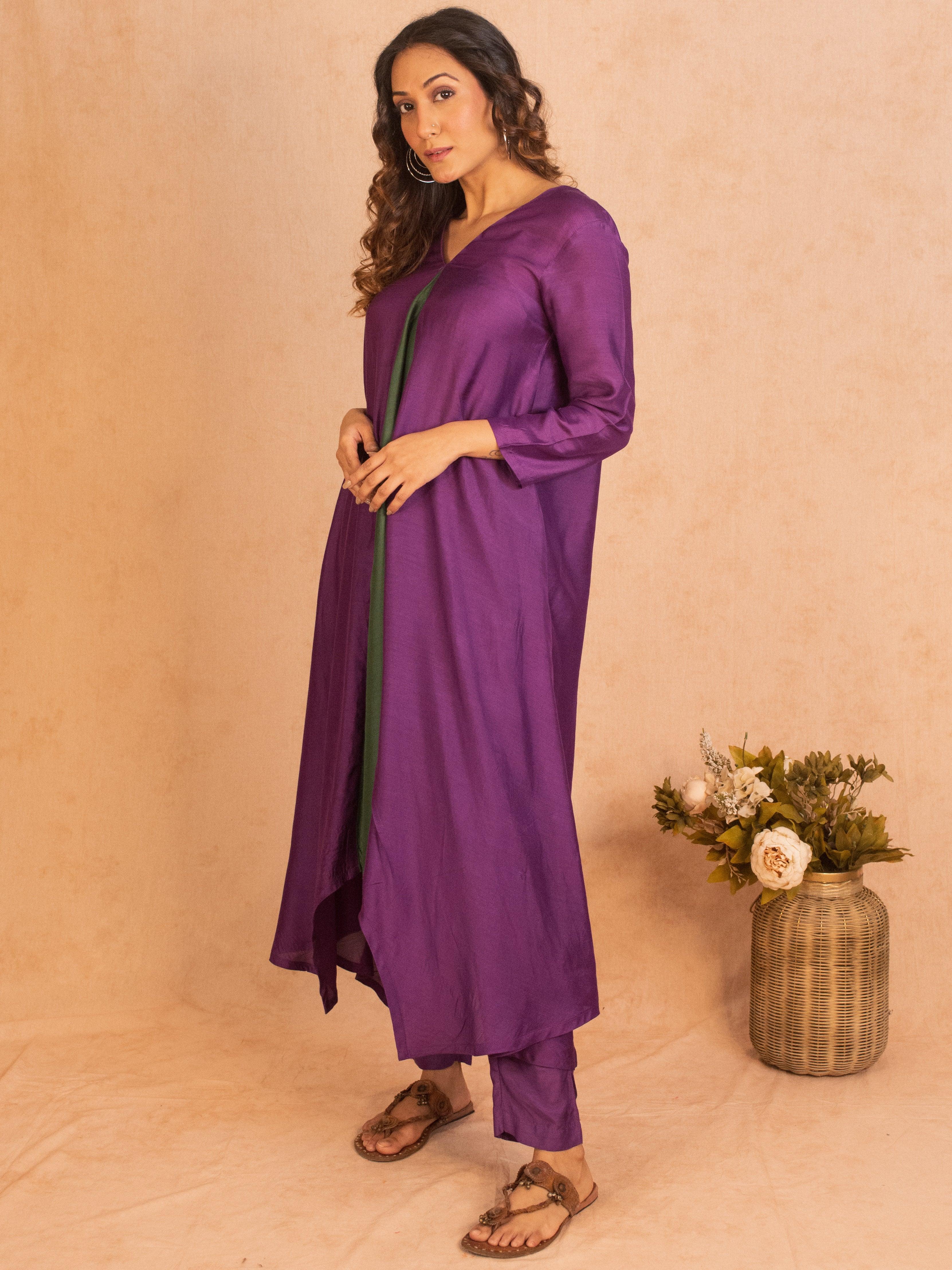 Silk Purple Flared Asymmetric Kurta Pant Set - trueBrowns