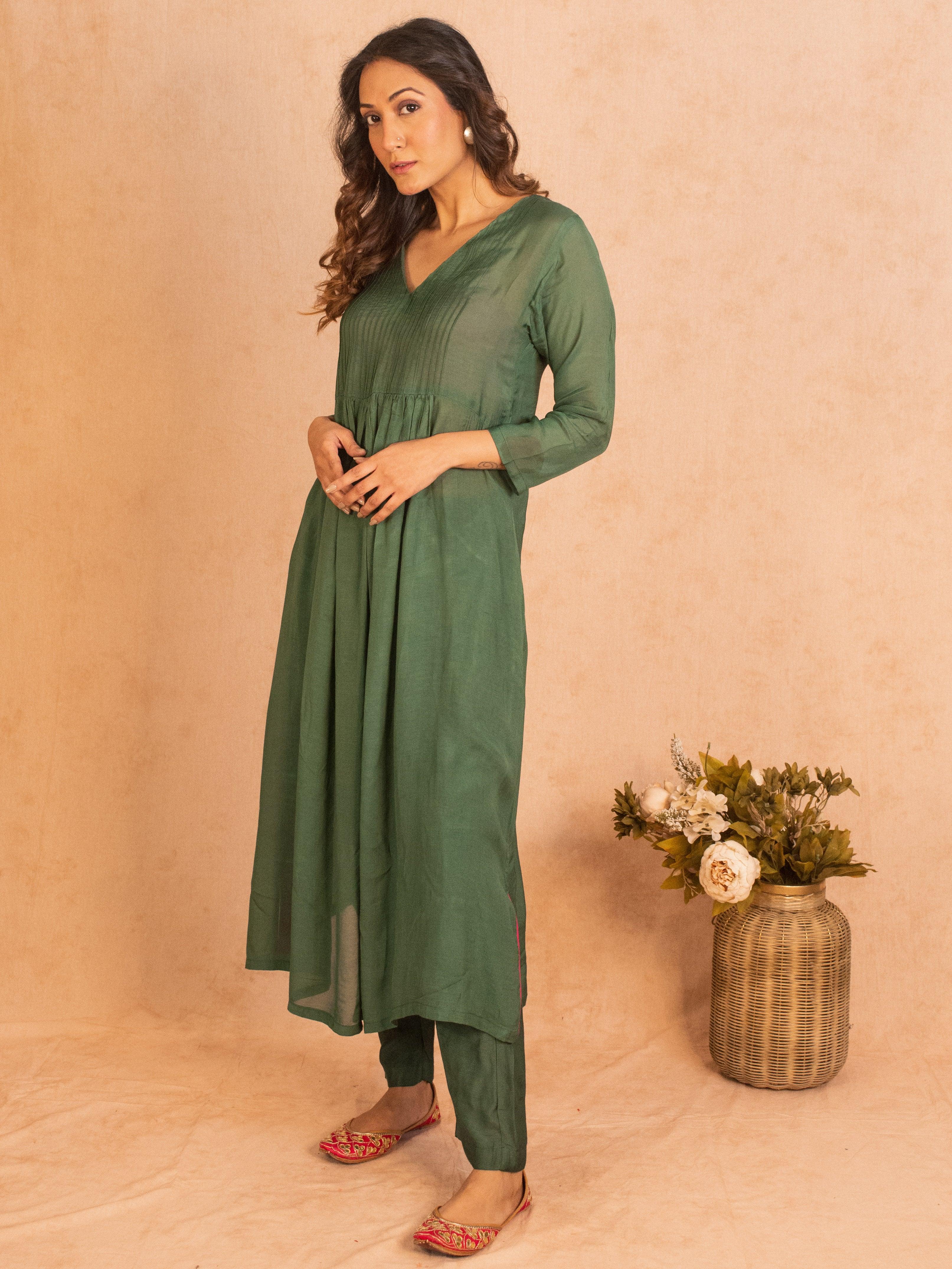 Silk Green Pintucks Flared Kurta Pant Set - trueBrowns
