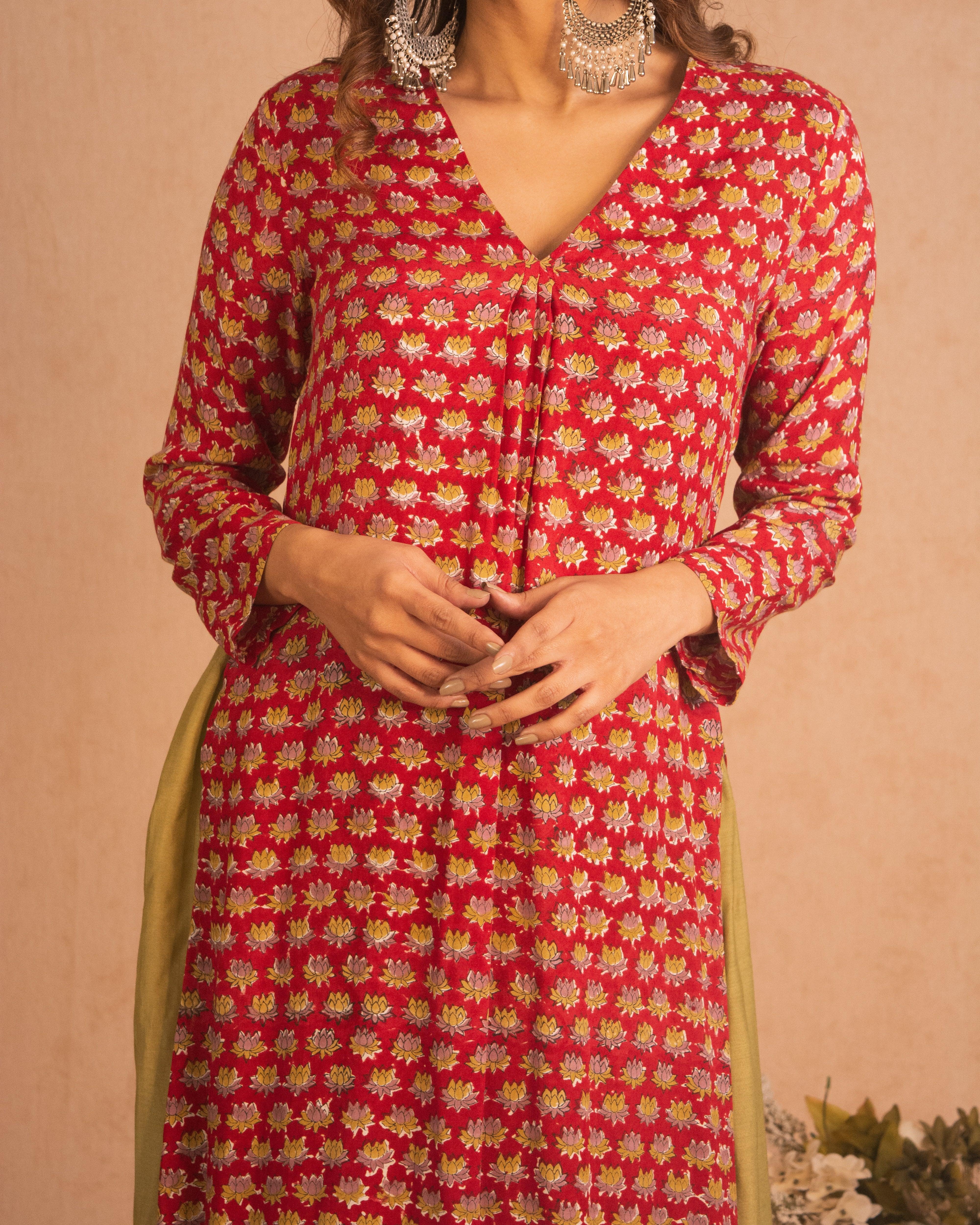 Red Hand Block Printed Slit Silk Kurta Palazzo Set - trueBrowns