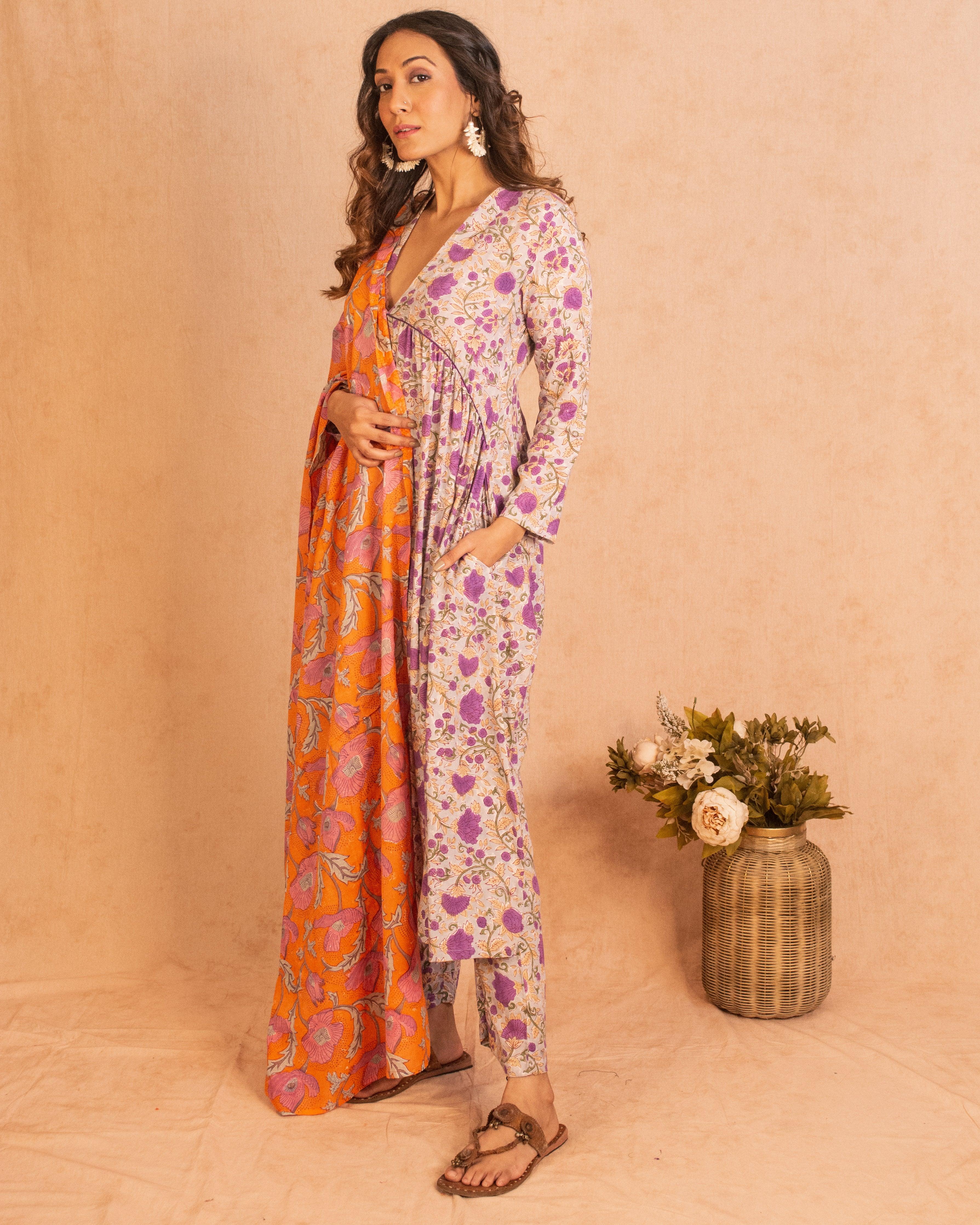 Purple Hand Block Printed Flared Silk Kurta Pant Dupatta Set - trueBrowns
