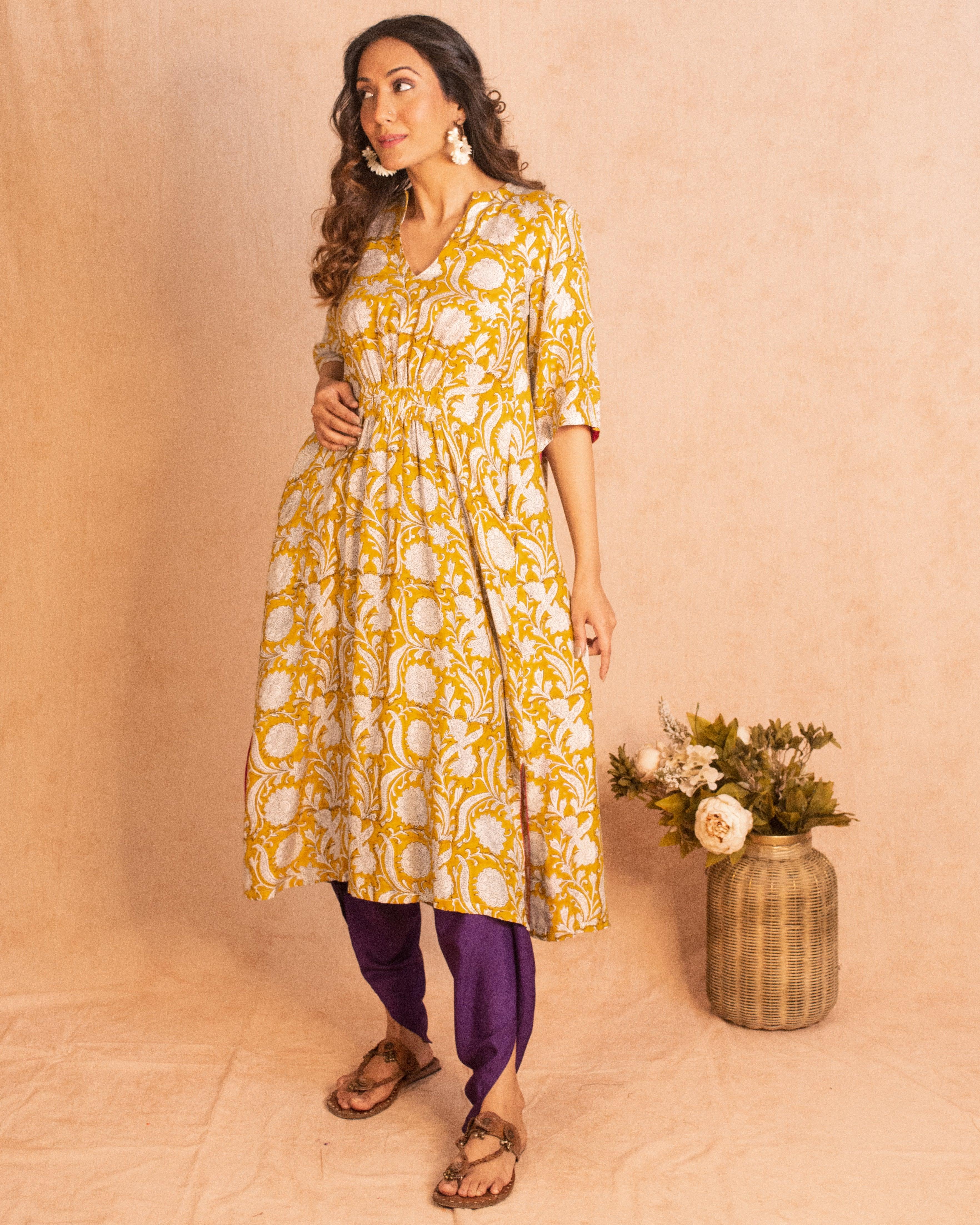 Yellow Hand Block Printed Flared Silk Kurta Dhoti Pant Set - trueBrowns