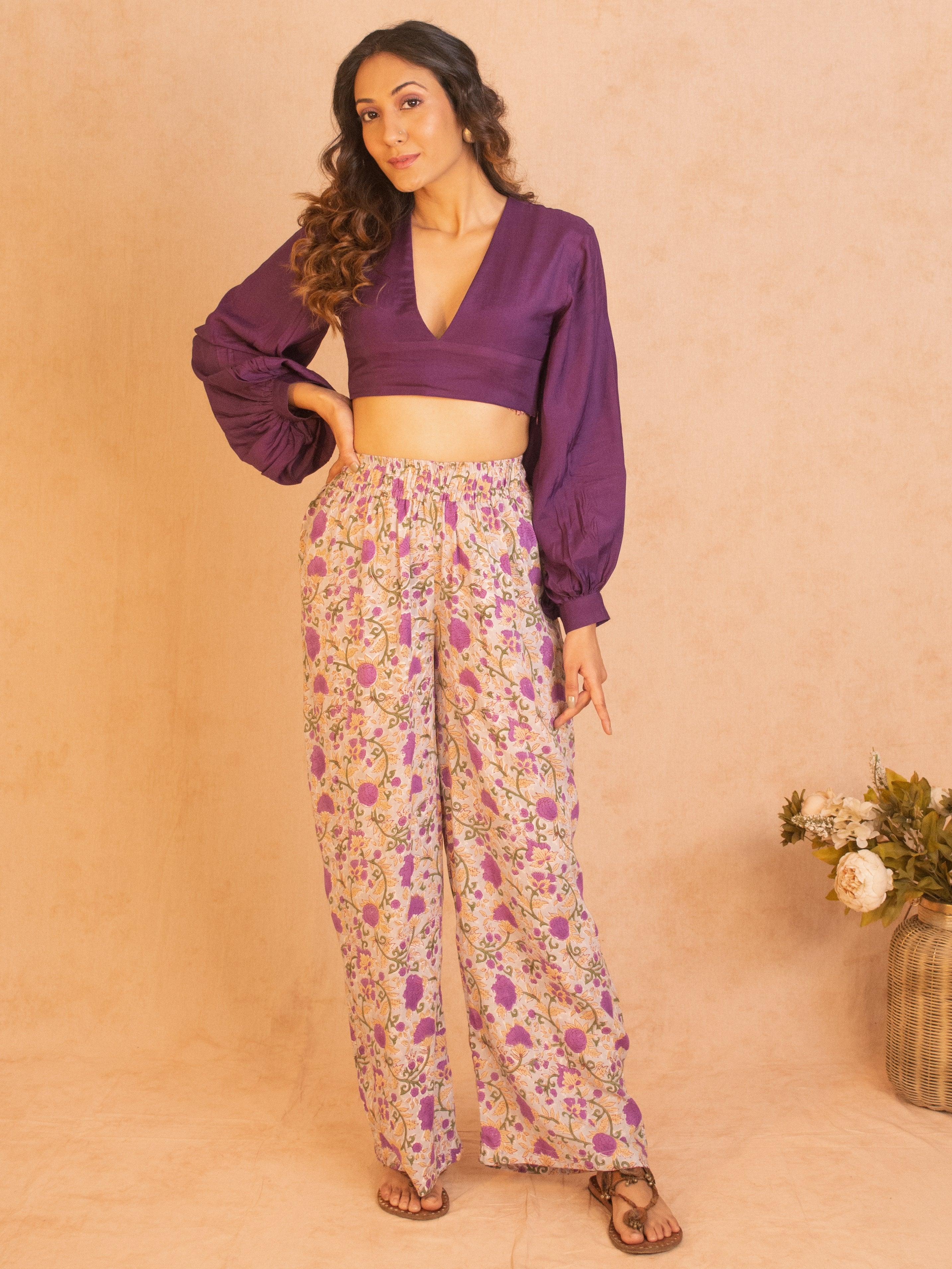 Purple Hand Block Printed High Waist Pant - trueBrowns