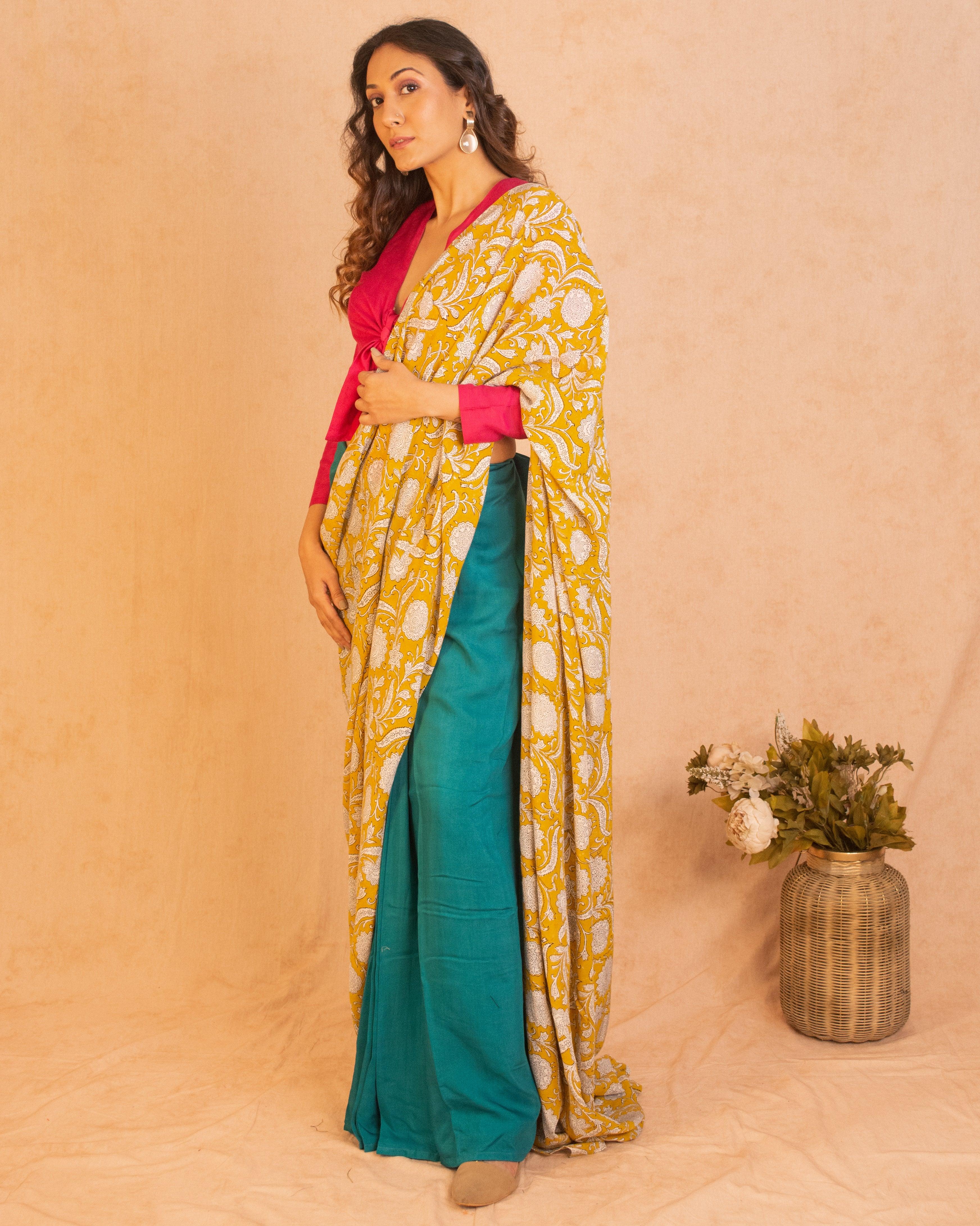 Aqua Yellow Hand Block Printed Ready Pleated Silk Saree - trueBrowns