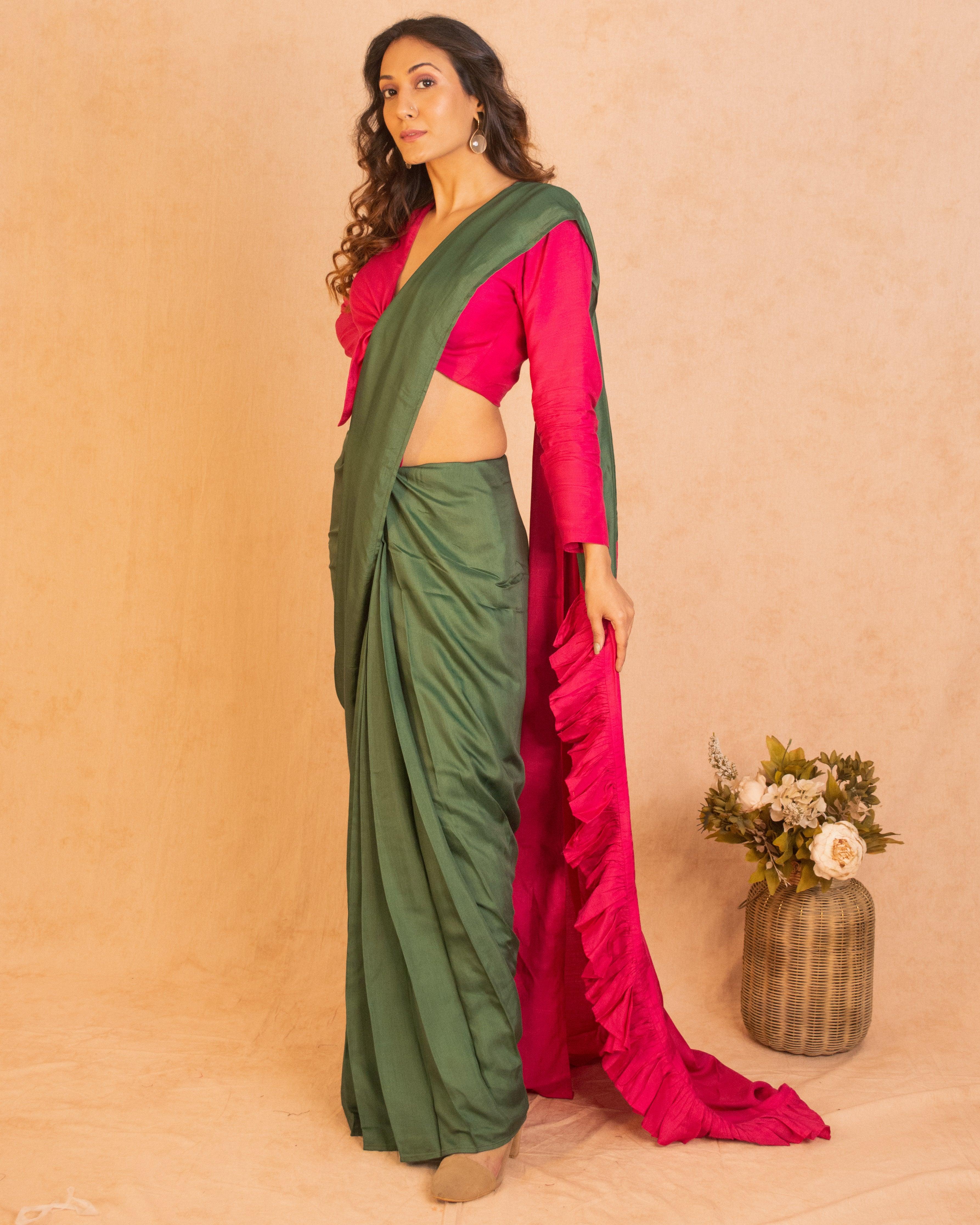 Silk Green Pink Ruffled Ready Pleated Saree - trueBrowns