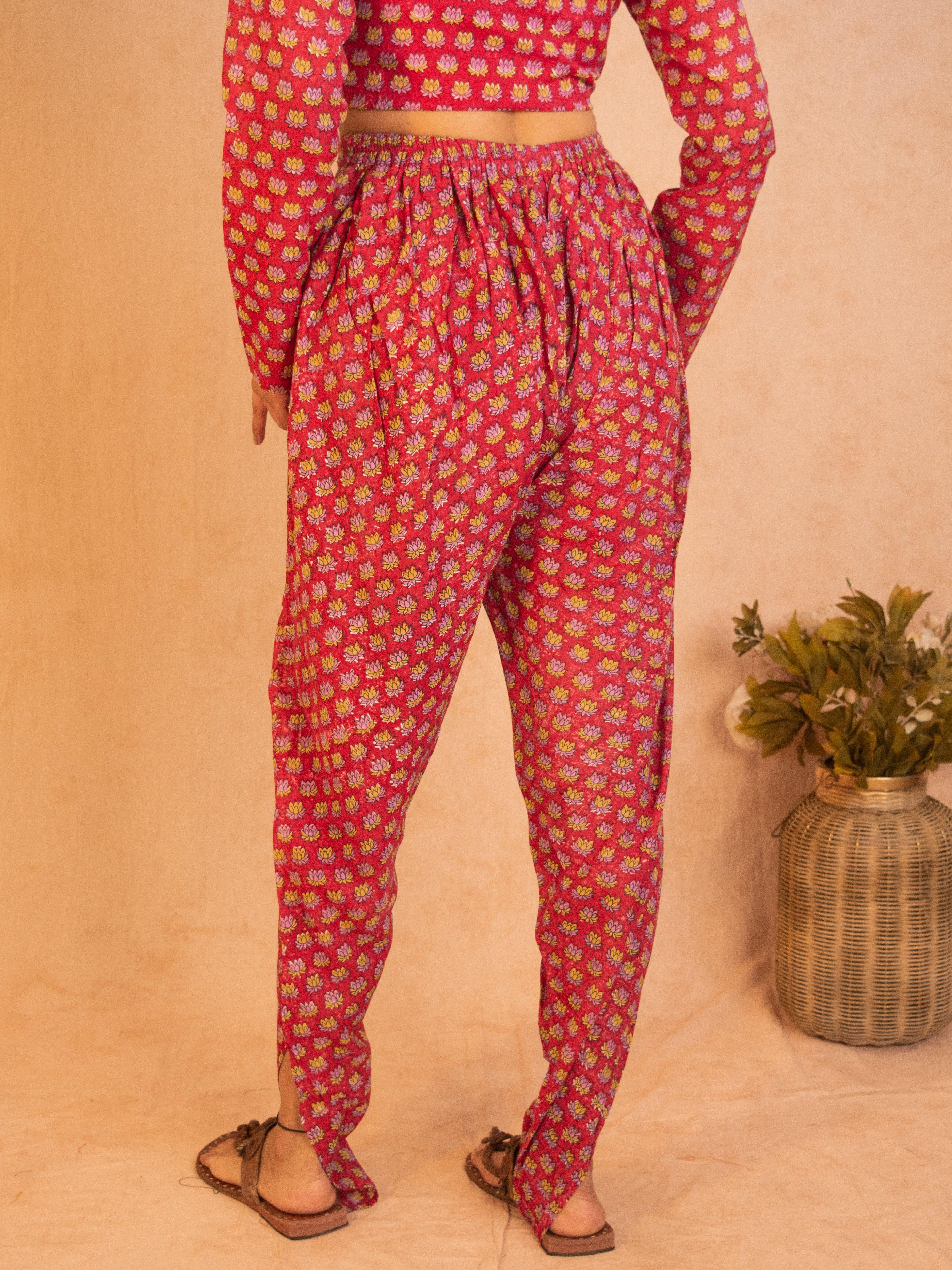 Red Hand Block Printed Silk Dhoti Pant - trueBrowns