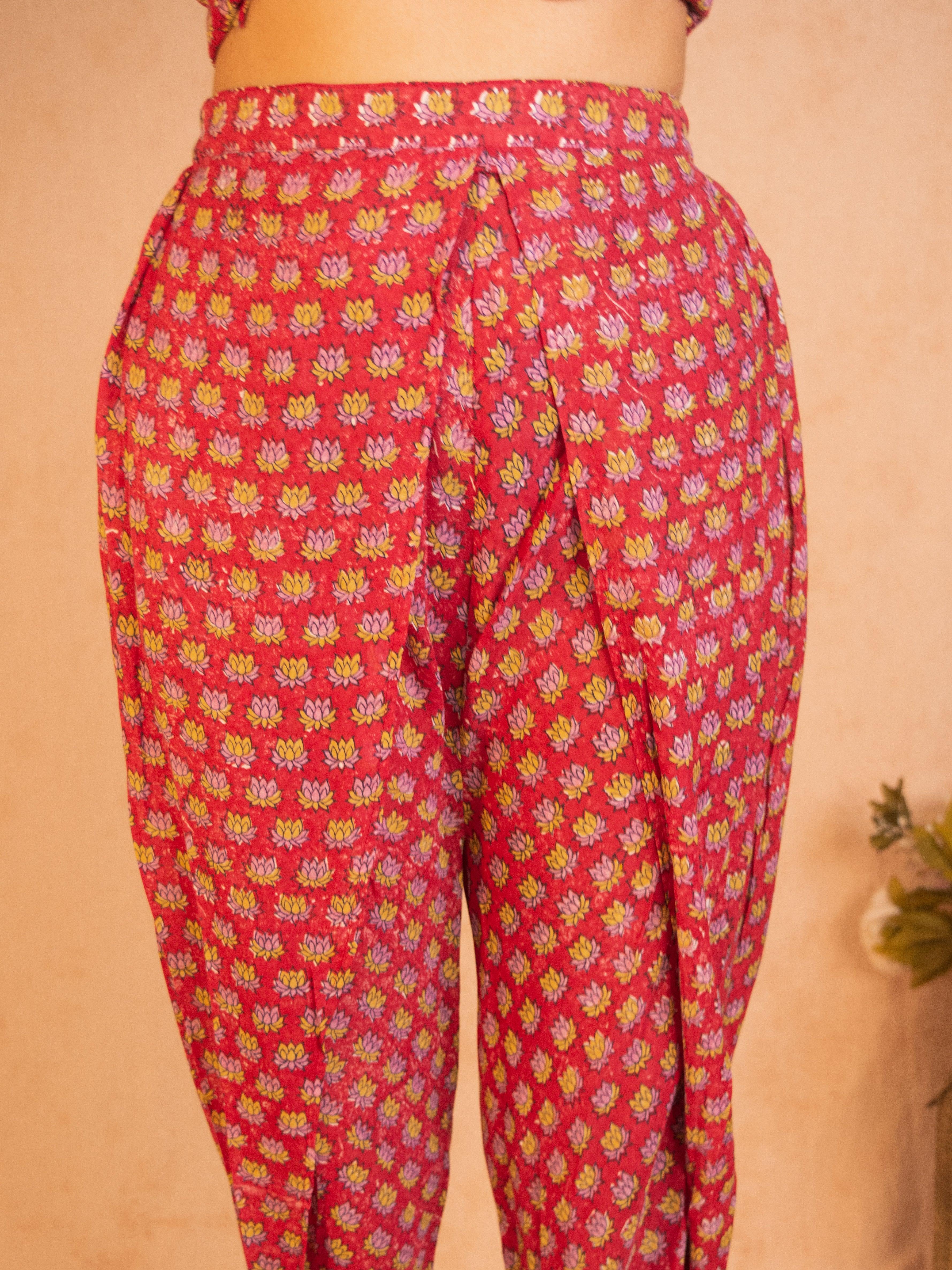 Red Hand Block Printed Silk Dhoti Pant - trueBrowns