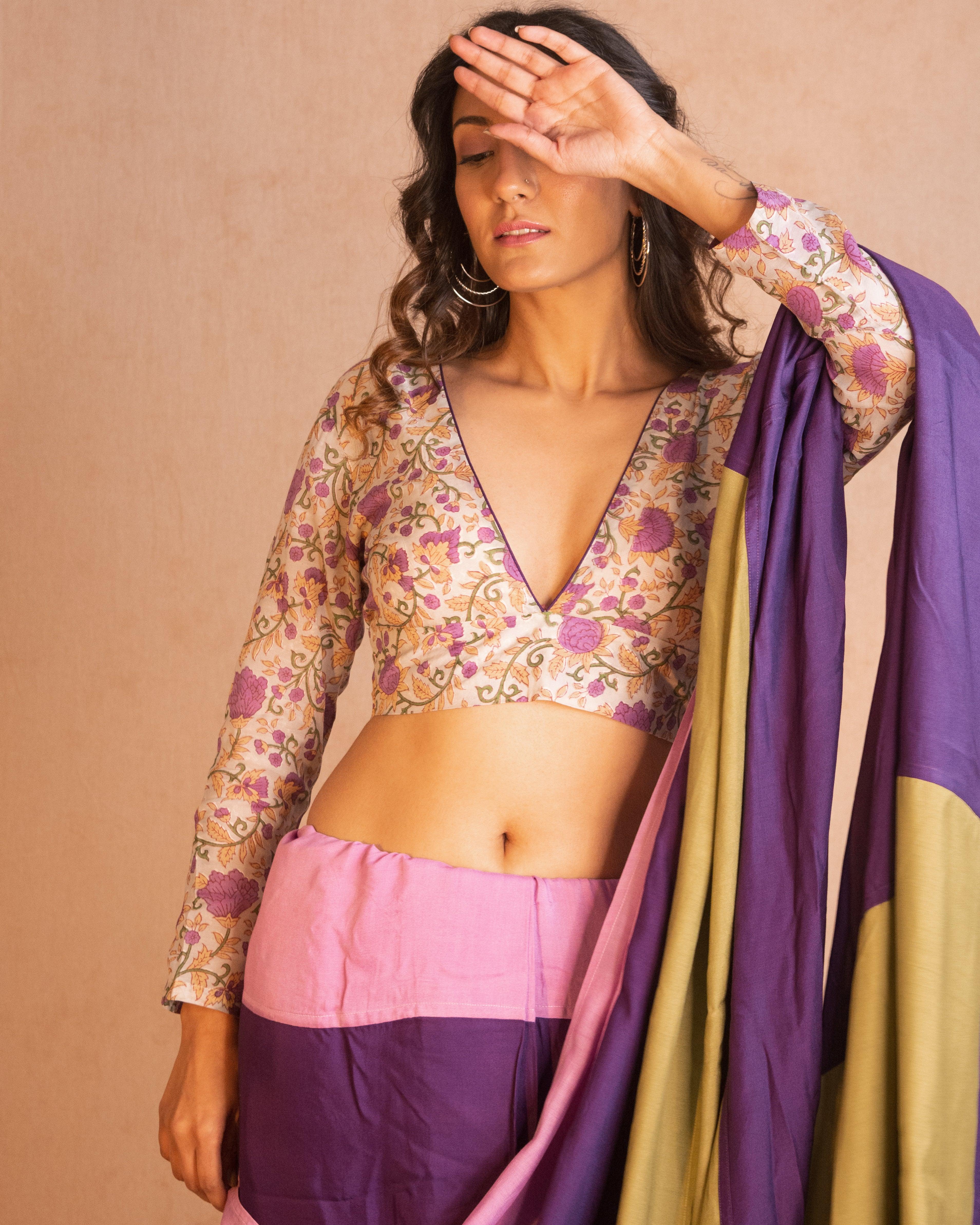 Purple Hand Block Printed Silk Blouse - trueBrowns