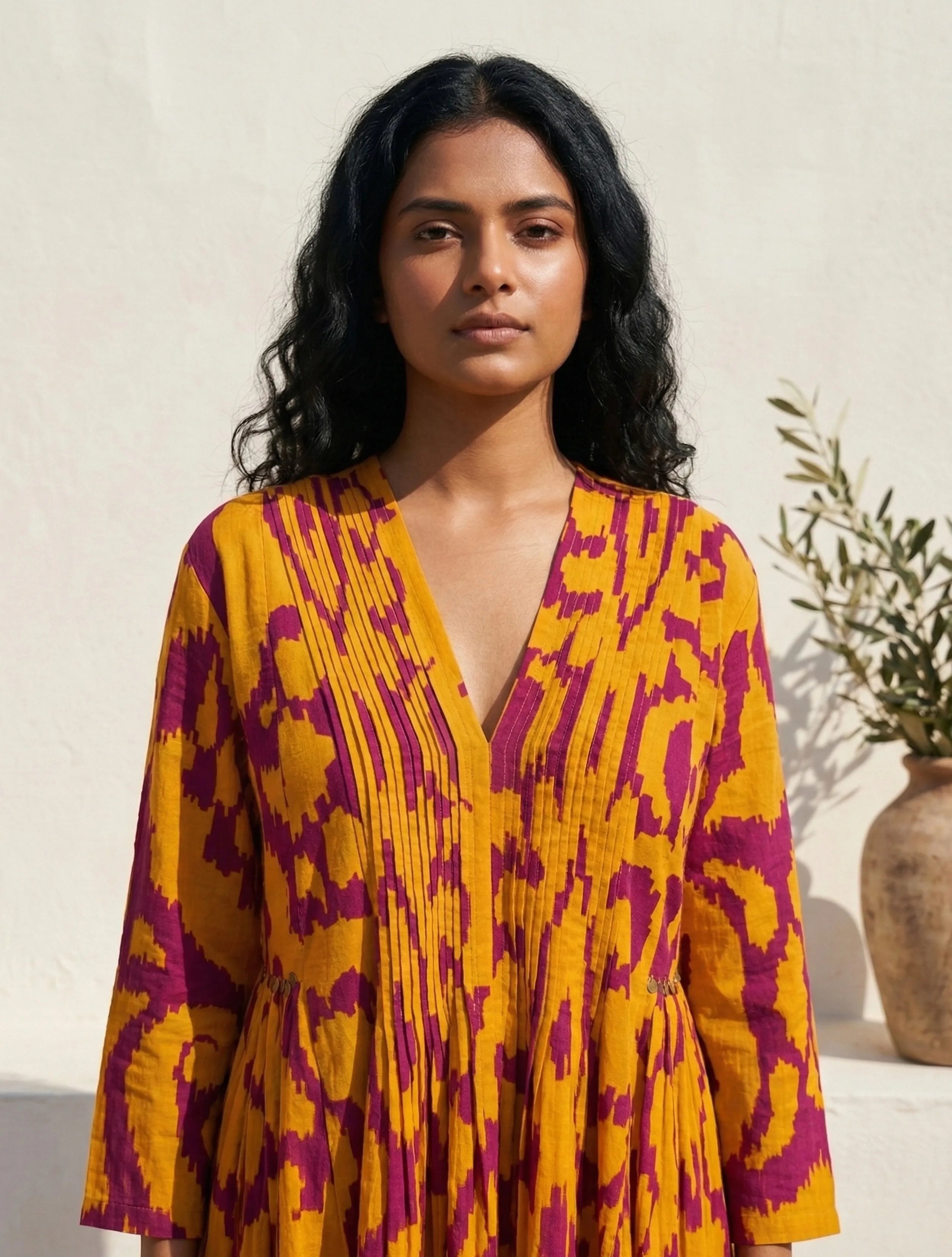 trueBrowns Yellow Purple Ikat Print Cotton Flared Kurta Set