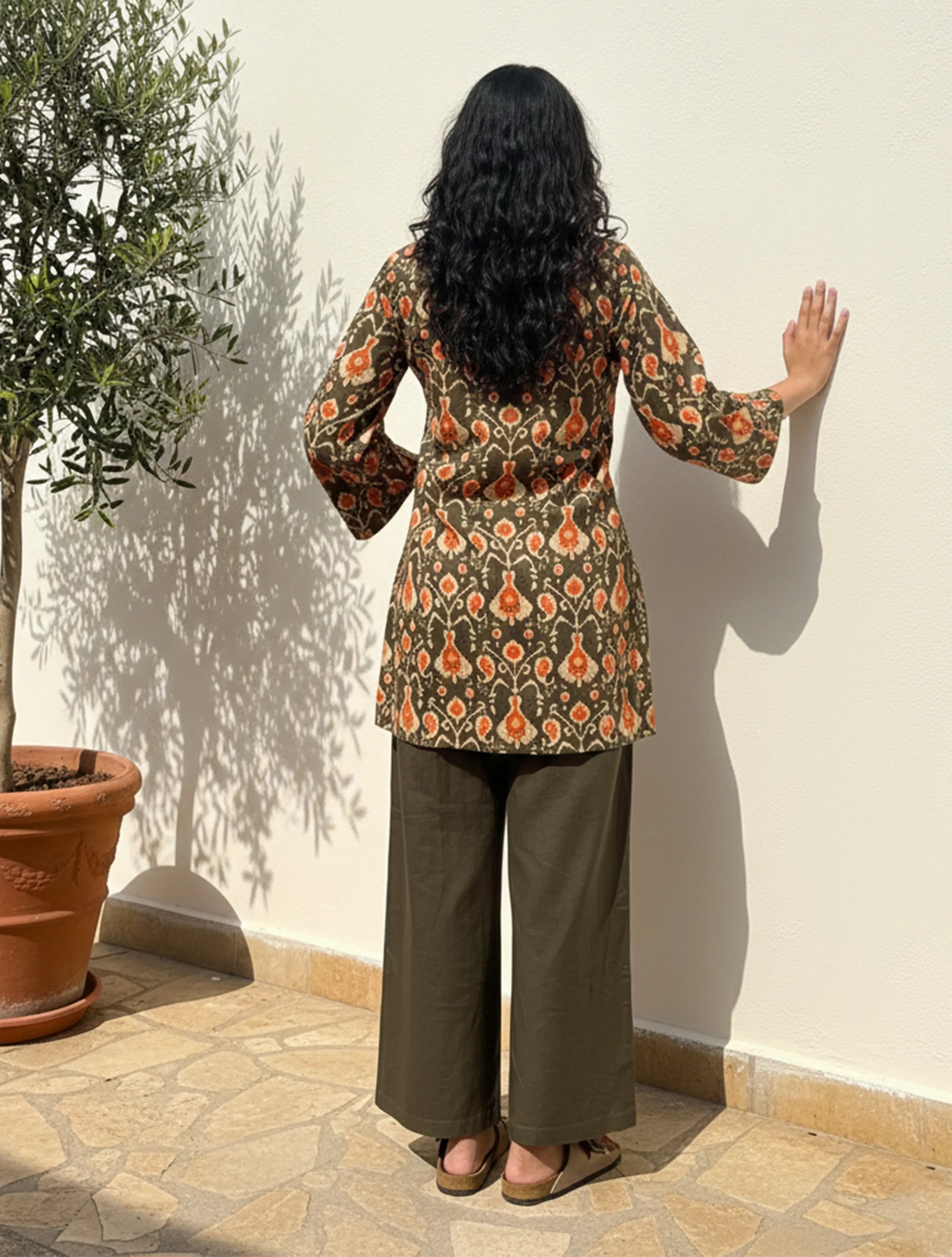 trueBrowns Grey Orange Ikat Print Cotton Co-Ord Set