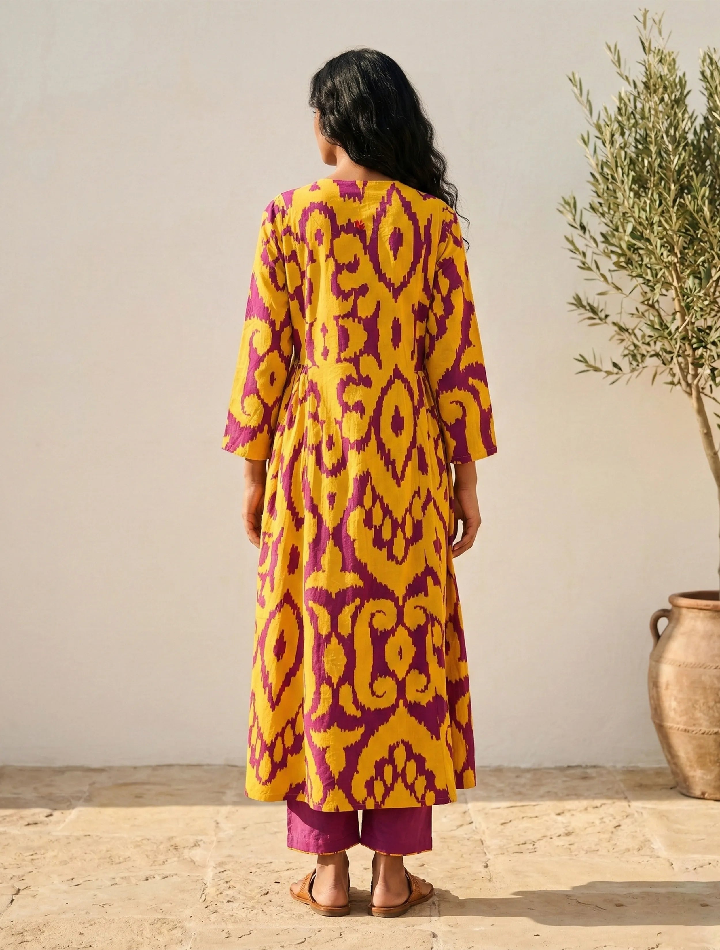 trueBrowns Yellow Purple Ikat Print Cotton Flared Kurta Set