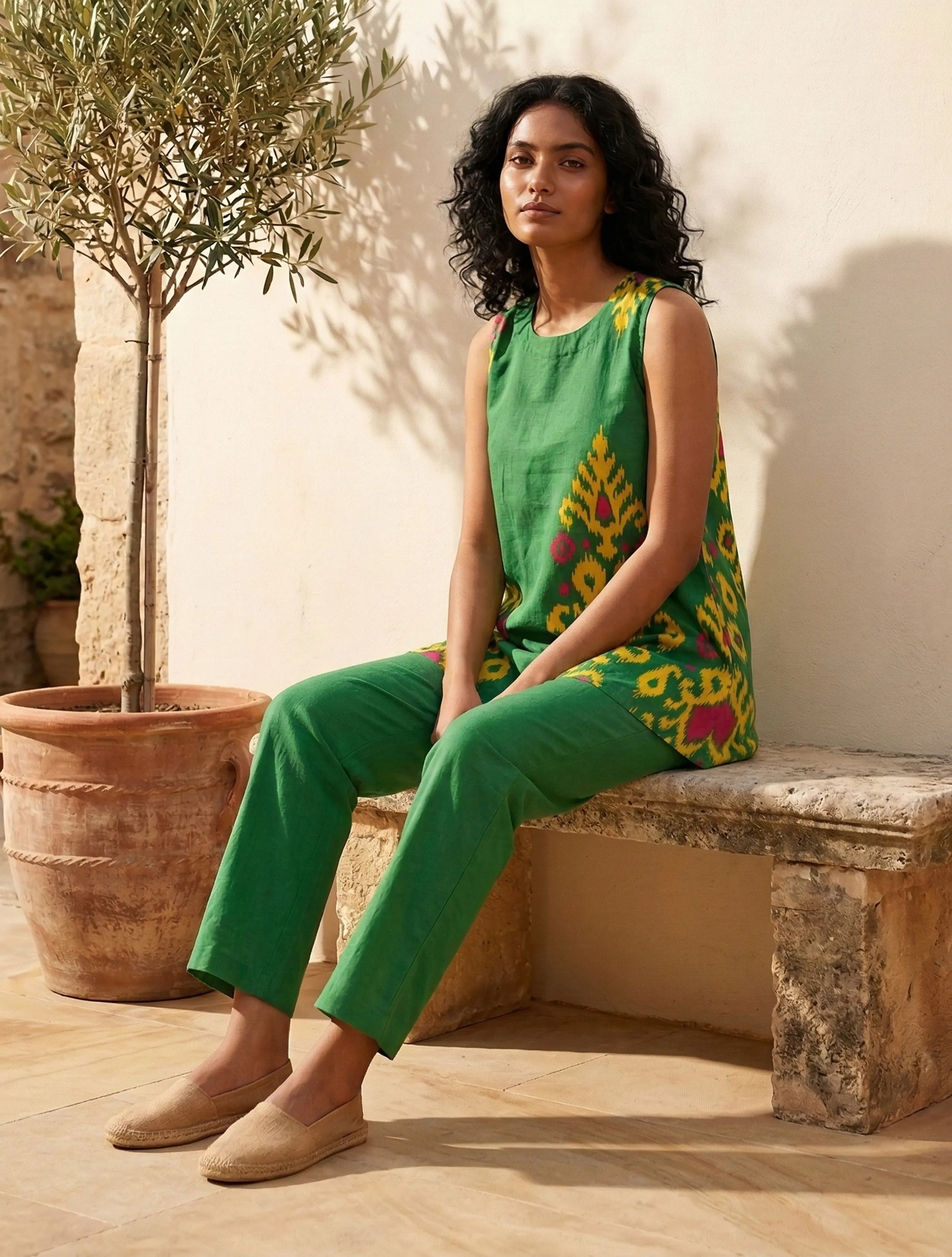 trueBrowns Green Ikat Print Cotton Sleeveless Co-Ord Set