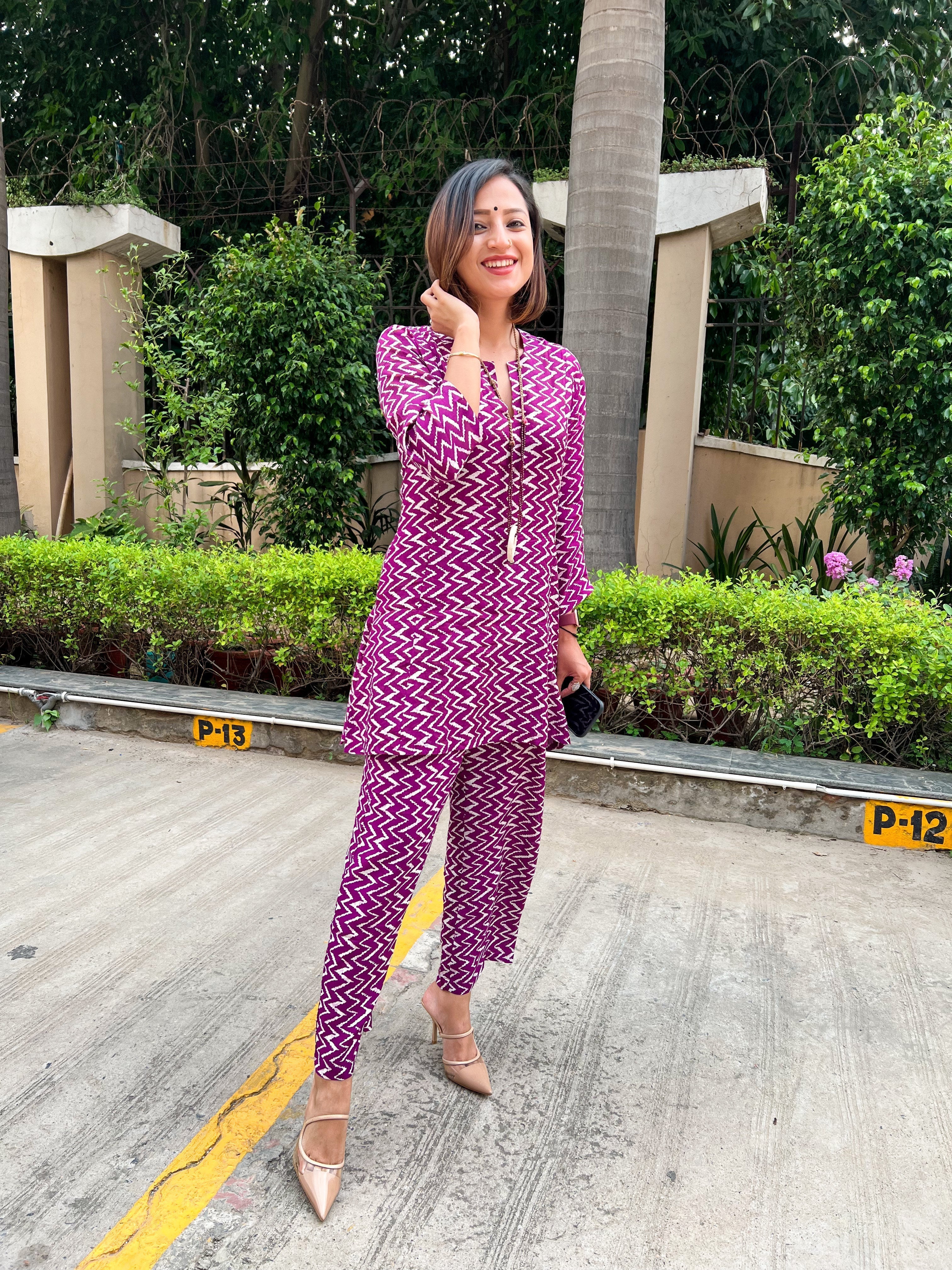 Purple White Lehariya Printed Silk Co-Ord Set
