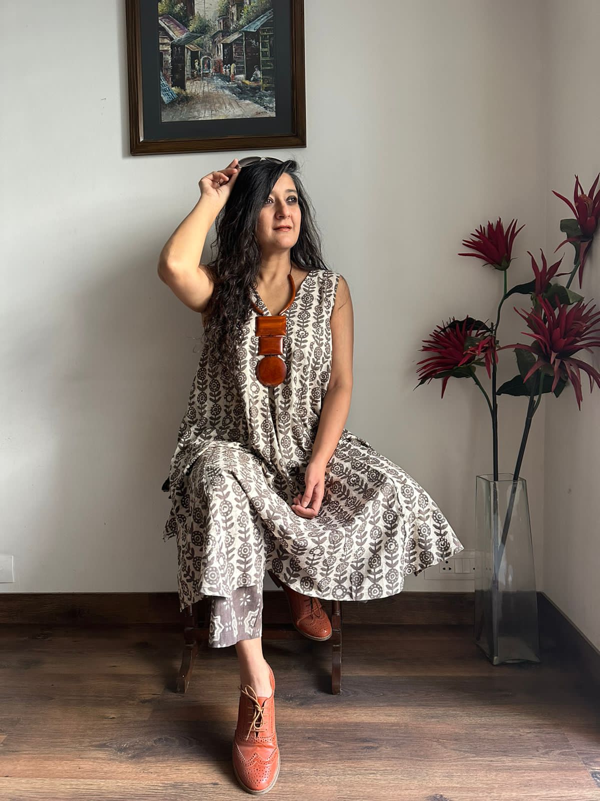 Clay Dabu Buta Print Cotton Sleeveless Flared Kurta Pant Set