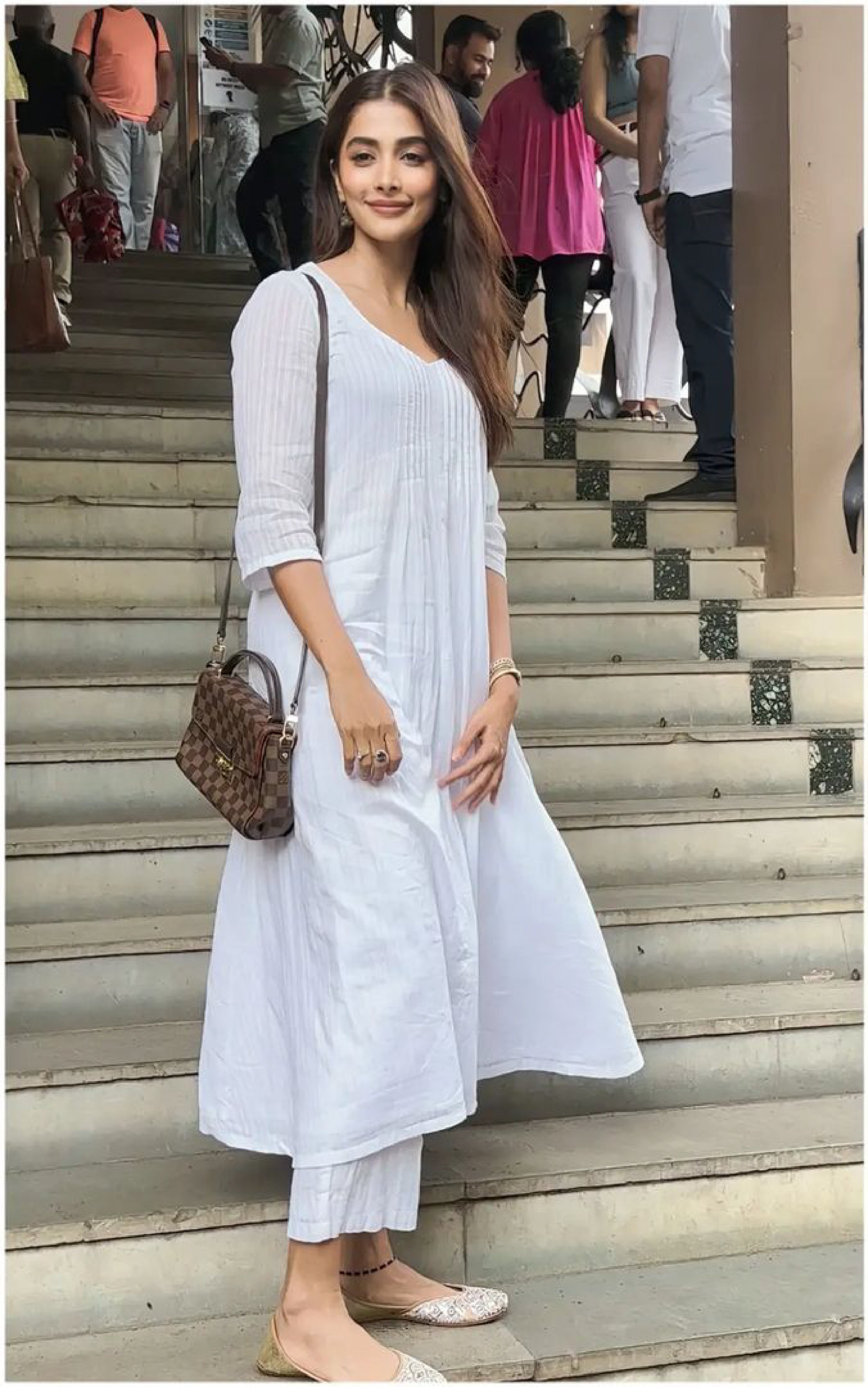 White Dobby Front Pleated Long Kurta Pant Set