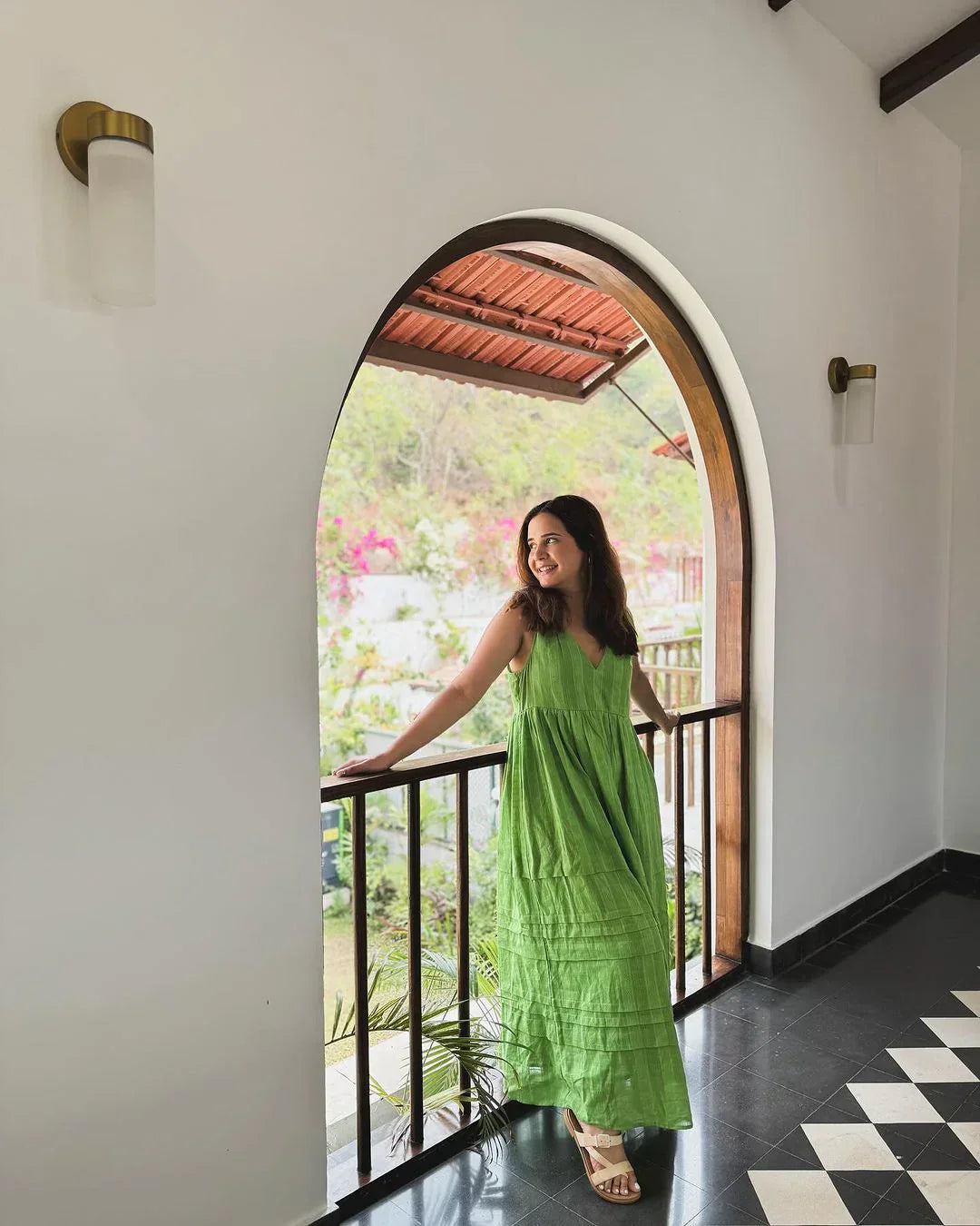 trueBrowns Green Cotton Dobby Yoke Dress