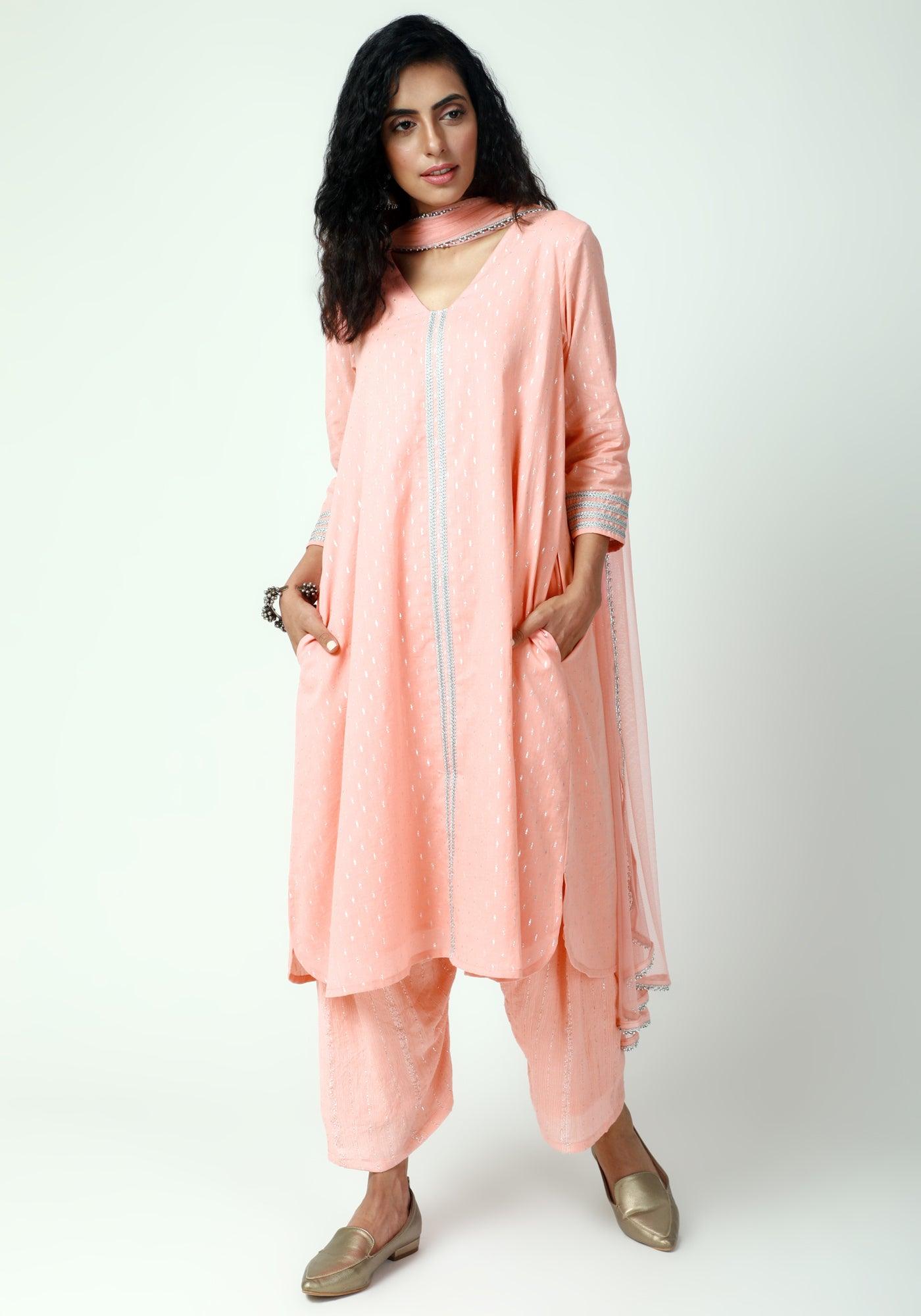 Peach Silver Laced Kurta- Ruffled Pant-Dupatta - trueBrowns