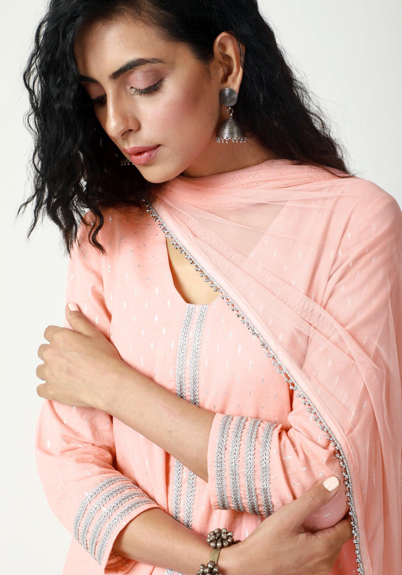 Peach Silver Laced Kurta- Ruffled Pant-Dupatta - trueBrowns