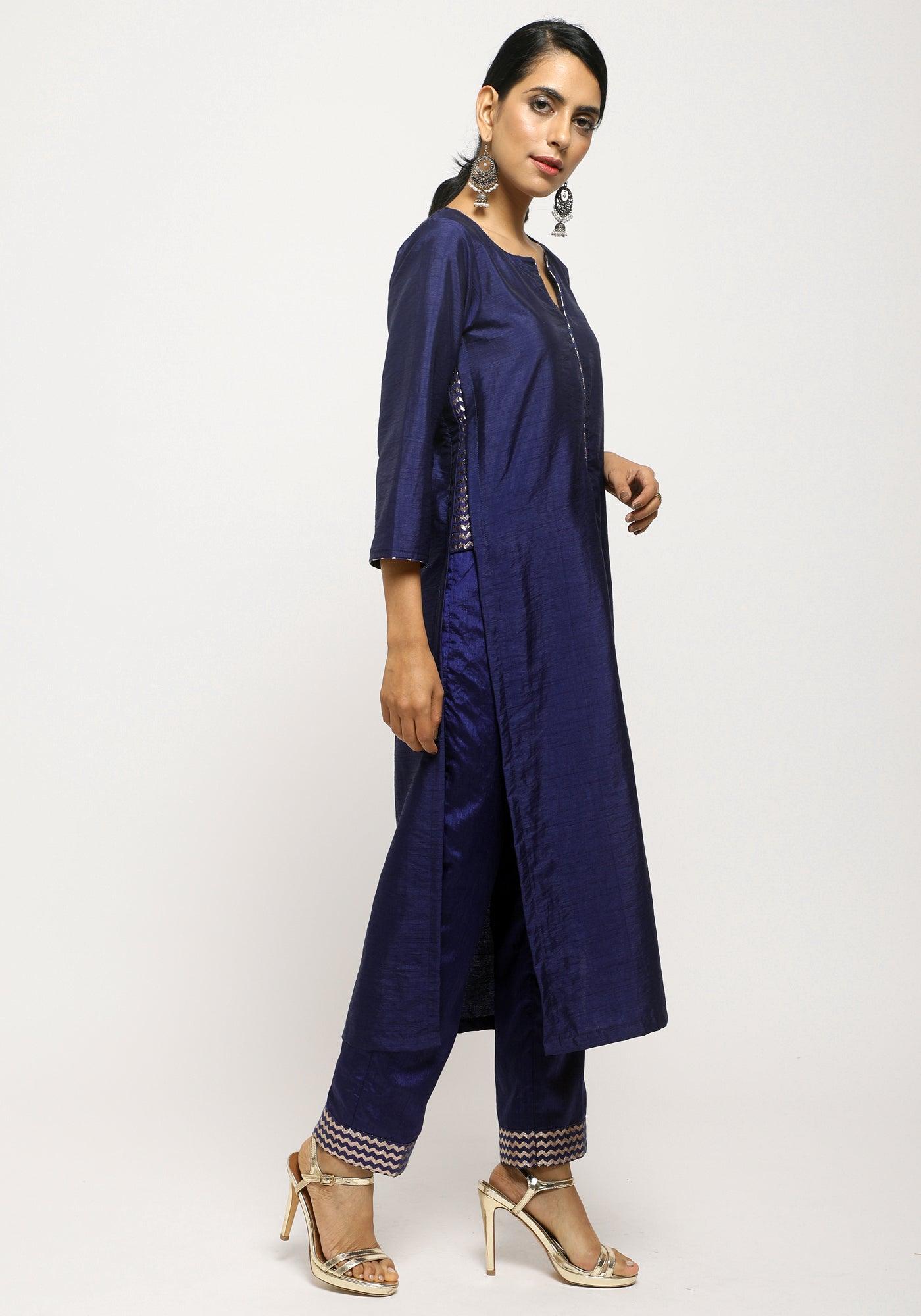 Blue Foil High Slit- Foil Pant - trueBrowns