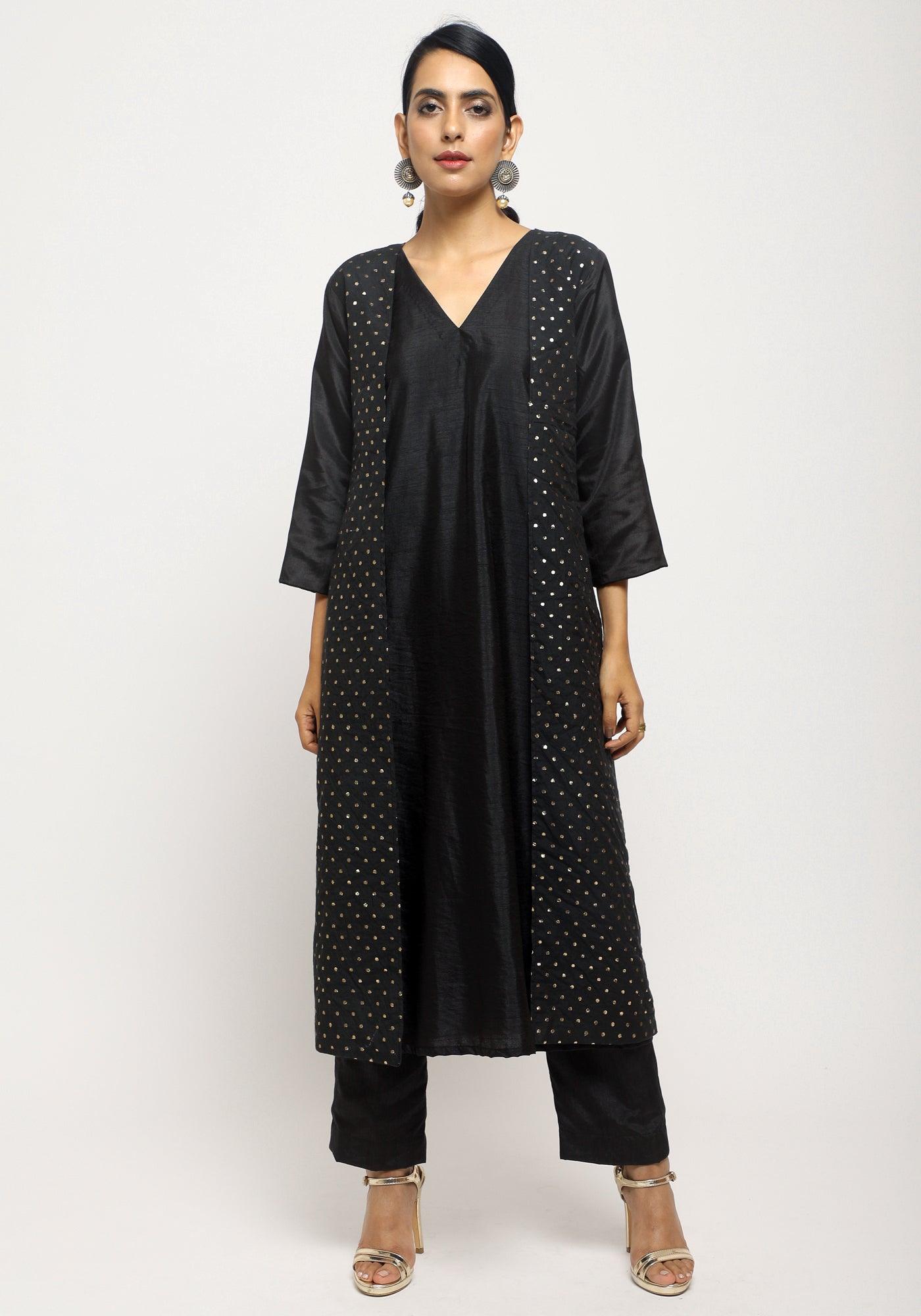 Black Silk Kurta Jacket Set - trueBrowns