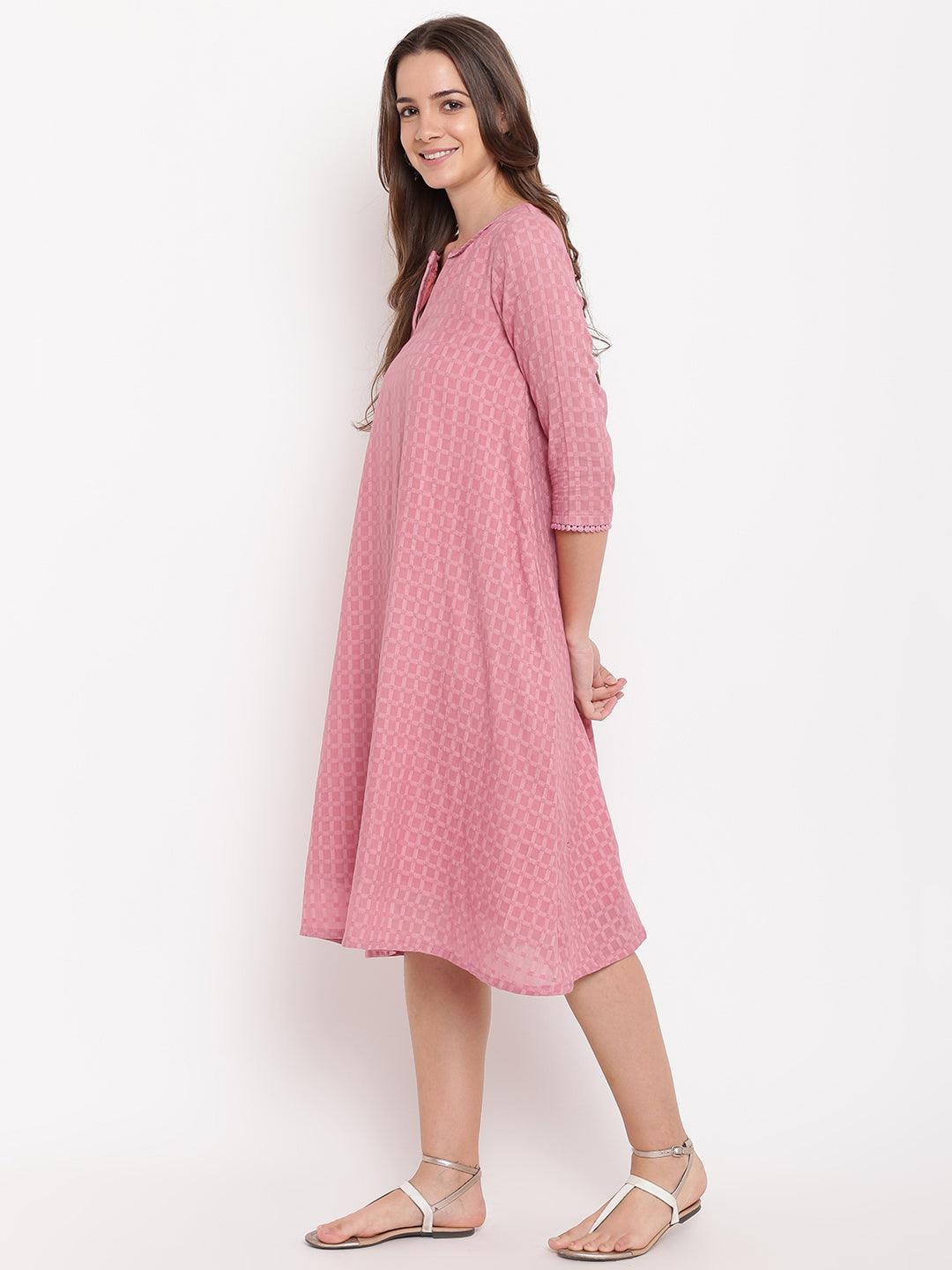 Pink Grid Dobby Flared Dress - trueBrowns