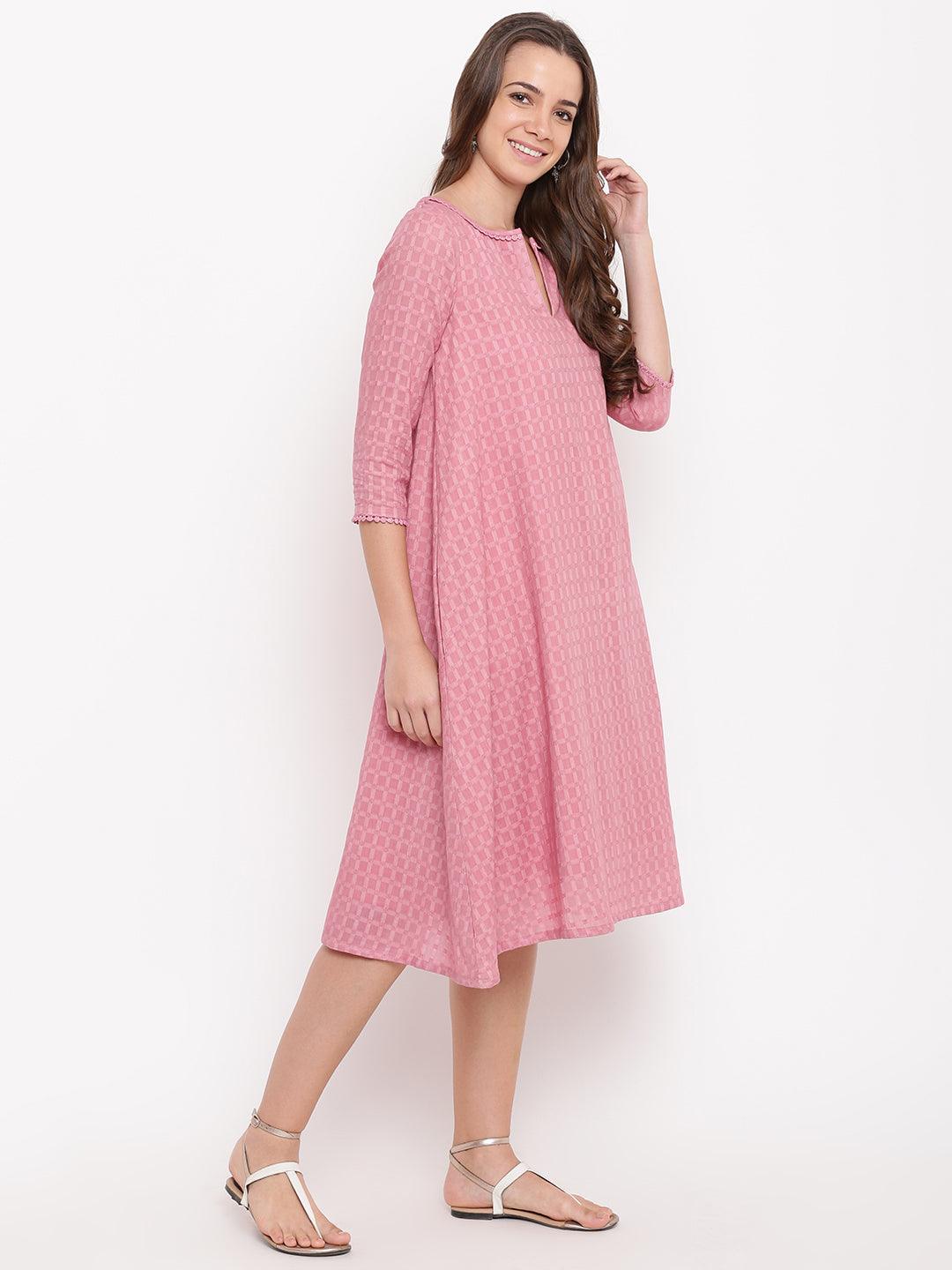 Pink Grid Dobby Flared Dress - trueBrowns
