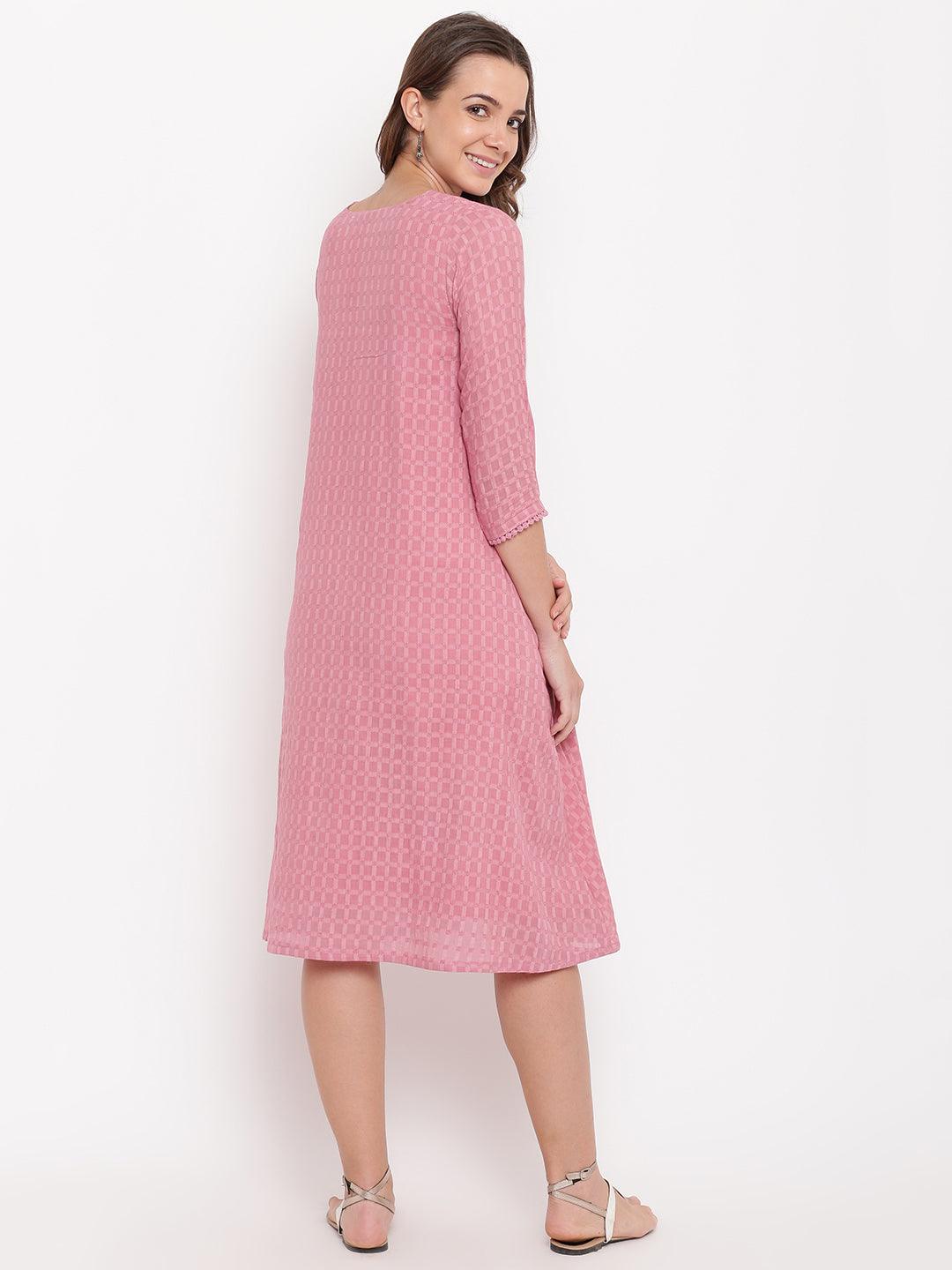 Pink Grid Dobby Flared Dress - trueBrowns