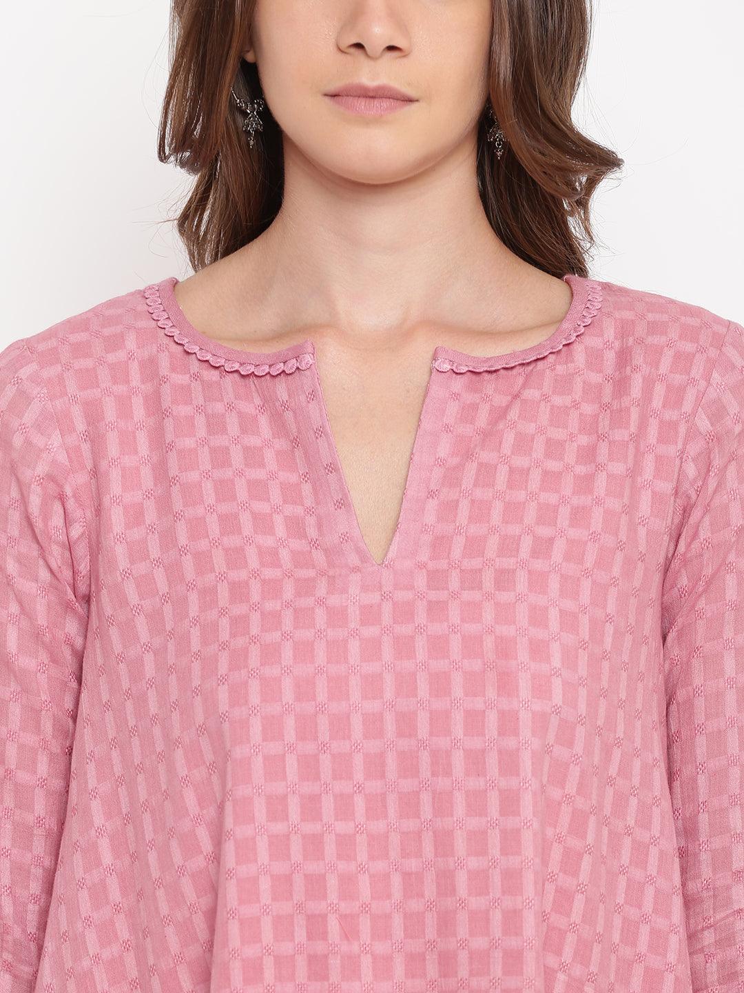 Pink Grid Dobby Flared Dress - trueBrowns