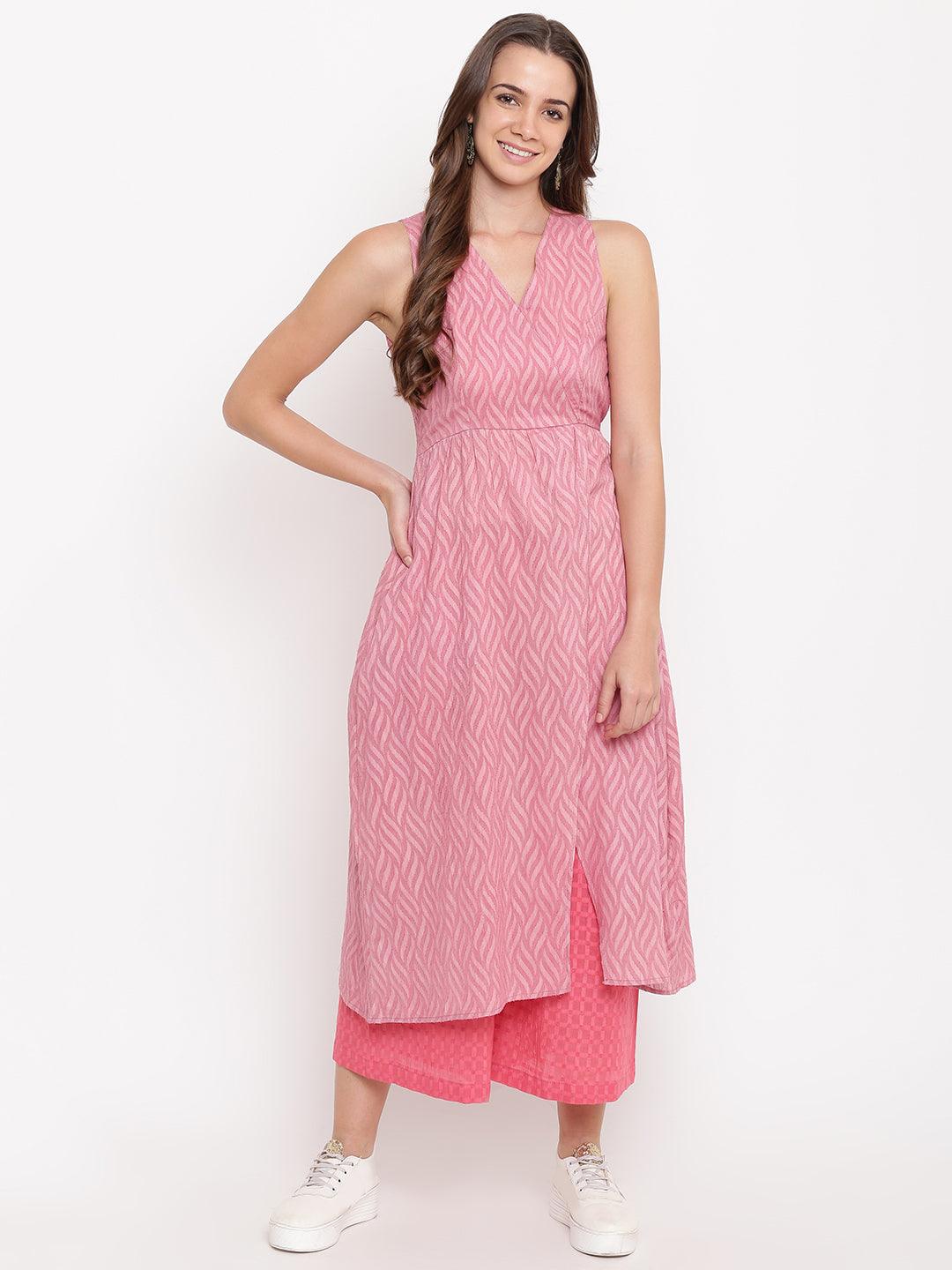 Pink Dobby Front Slit Kurta-Palazzo - trueBrowns