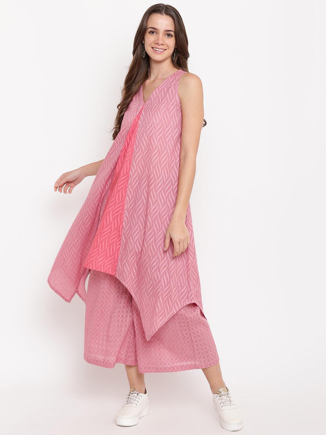 Pink Dobby V-Asymmetric Kurta-Palazzo - trueBrowns