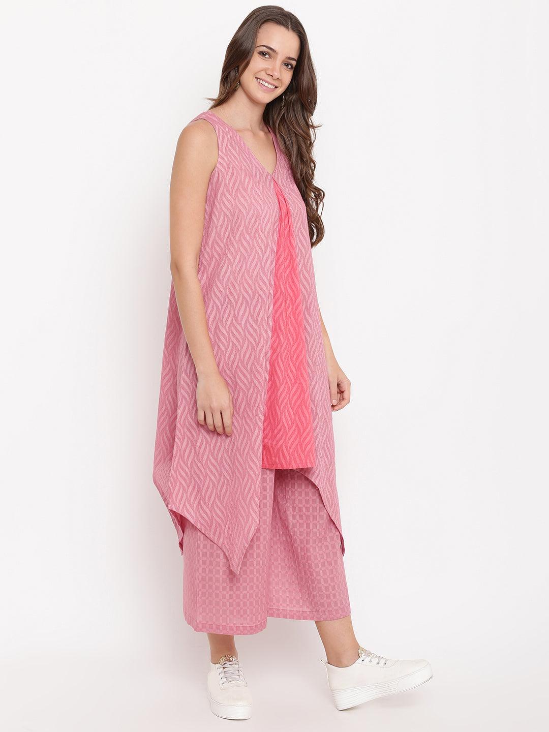 Pink Dobby V-Asymmetric Kurta-Palazzo - trueBrowns