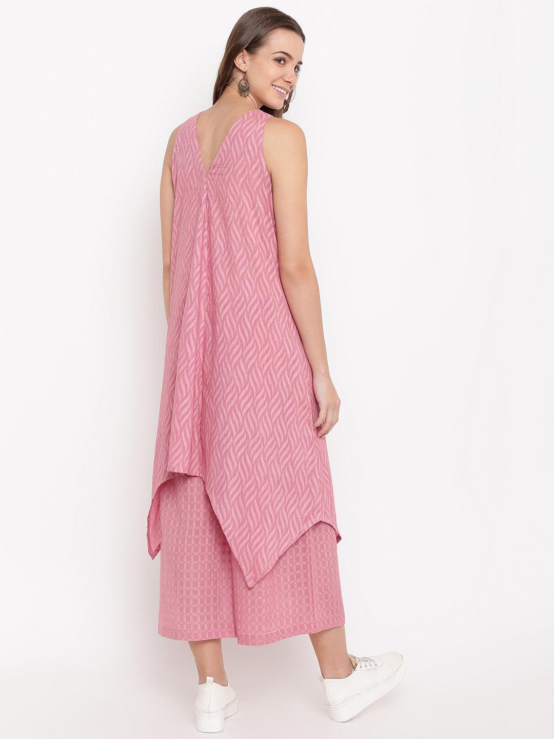 Pink Dobby V-Asymmetric Kurta-Palazzo - trueBrowns