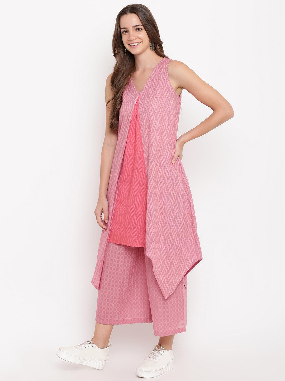 Pink Dobby V-Asymmetric Kurta-Palazzo - trueBrowns