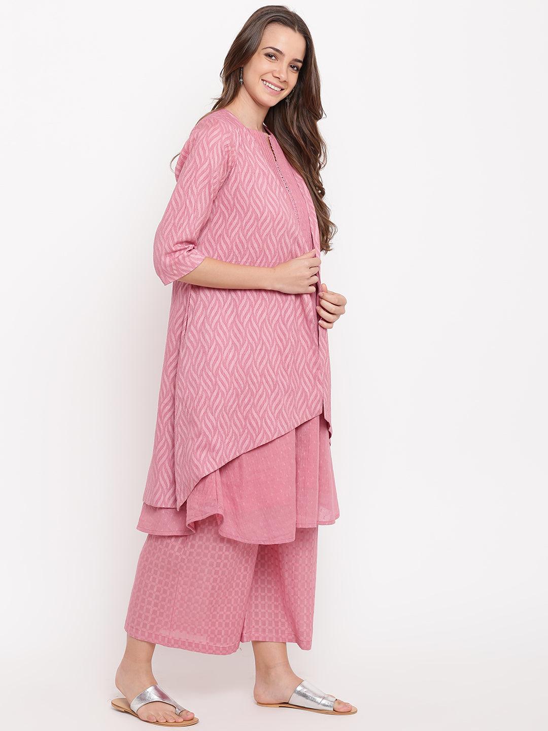 Pink Pin-Tucks Kurta-Palazzo-Jacket - trueBrowns
