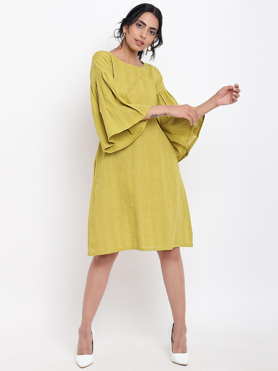 Green Cotton Gathered Sleeve Dress - trueBrowns