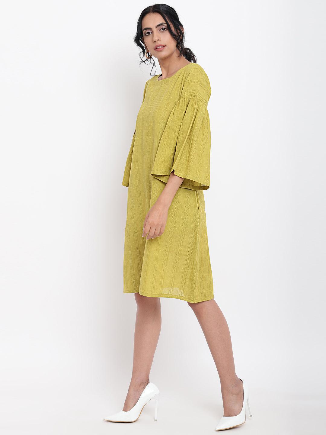 Green Cotton Gathered Sleeve Dress - trueBrowns