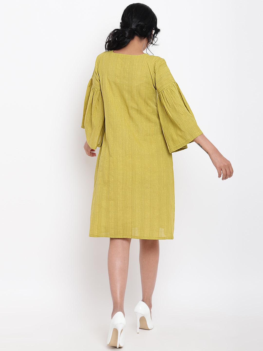 Green Cotton Gathered Sleeve Dress - trueBrowns