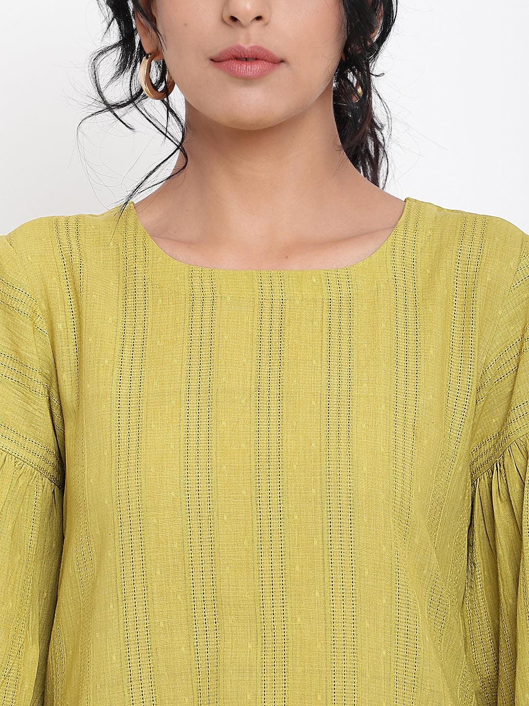 Green Cotton Gathered Sleeve Dress - trueBrowns