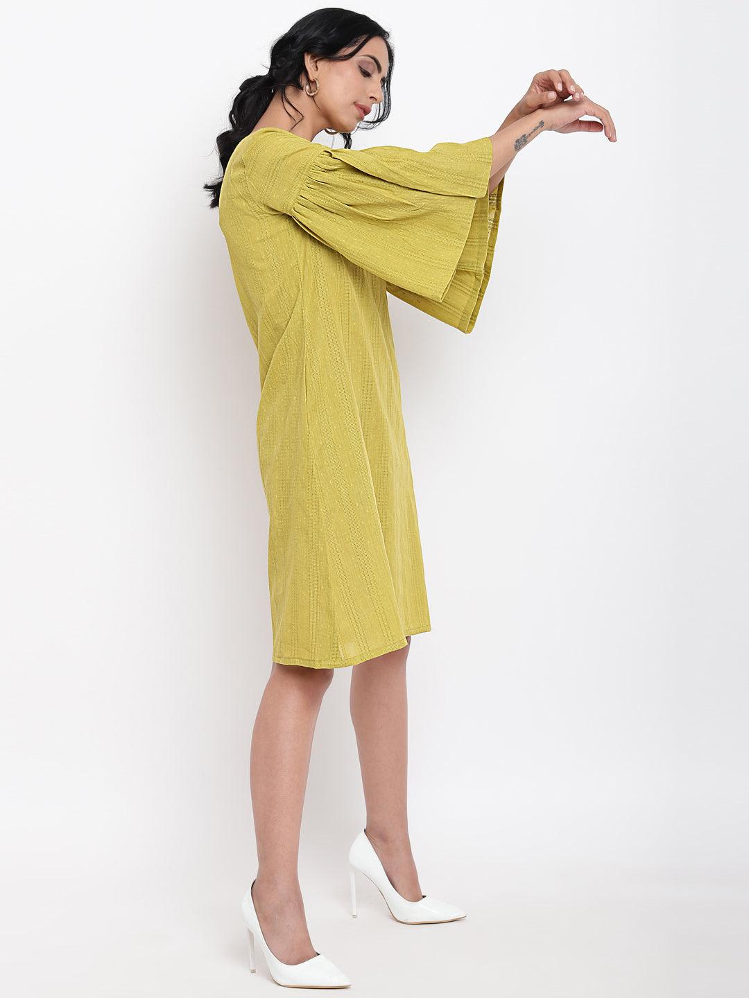 Green Cotton Gathered Sleeve Dress - trueBrowns