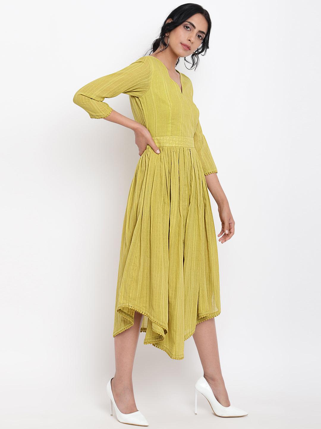 Green Cotton Overlap Flare Dress - trueBrowns