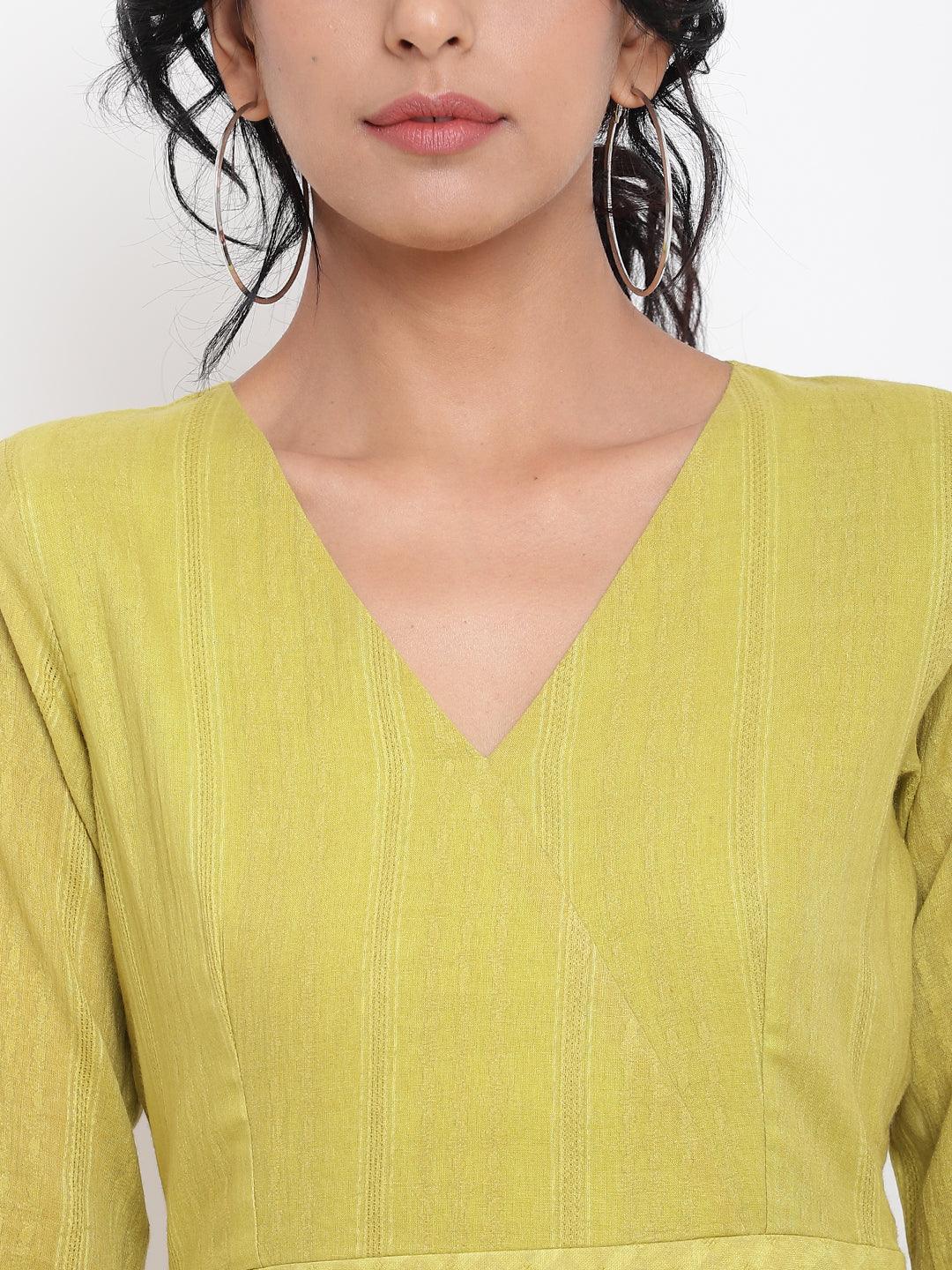 Green Cotton Overlap Flare Dress - trueBrowns