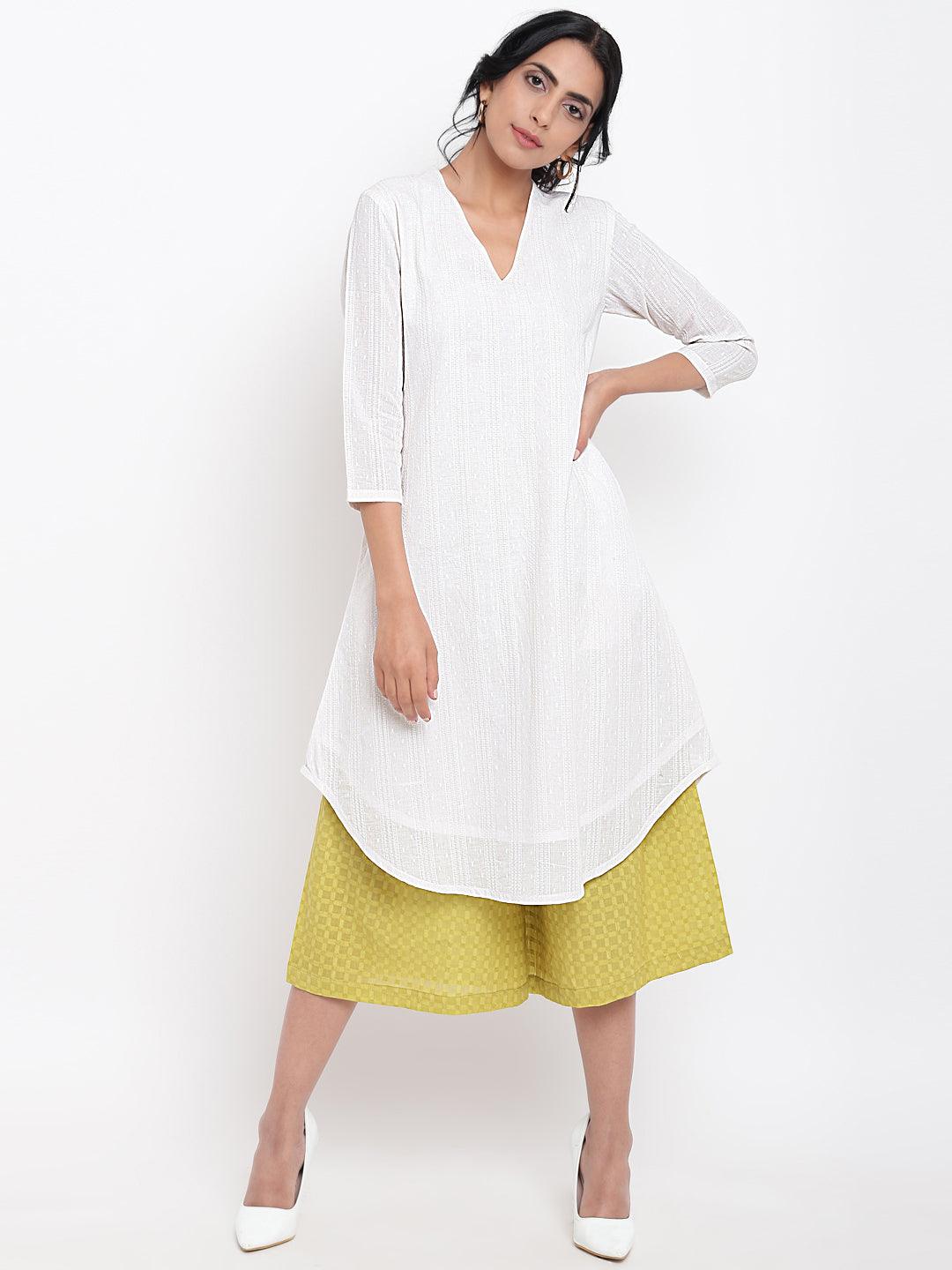 White Cotton Kurta Green Pant - trueBrowns