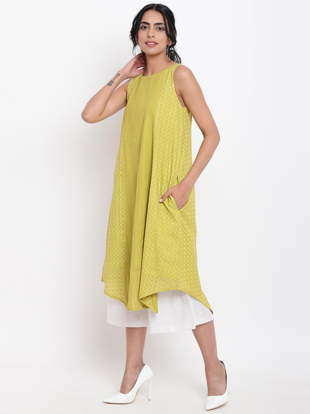 Green Cotton Panelled Kurta White Pant - trueBrowns