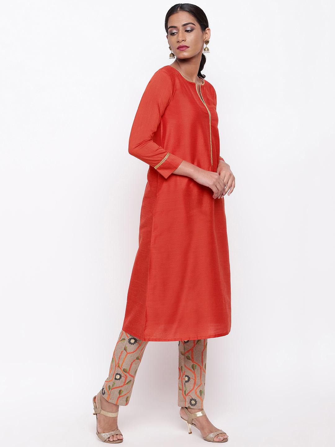 Orange Lace Kurta Stem Foil Pant - trueBrowns