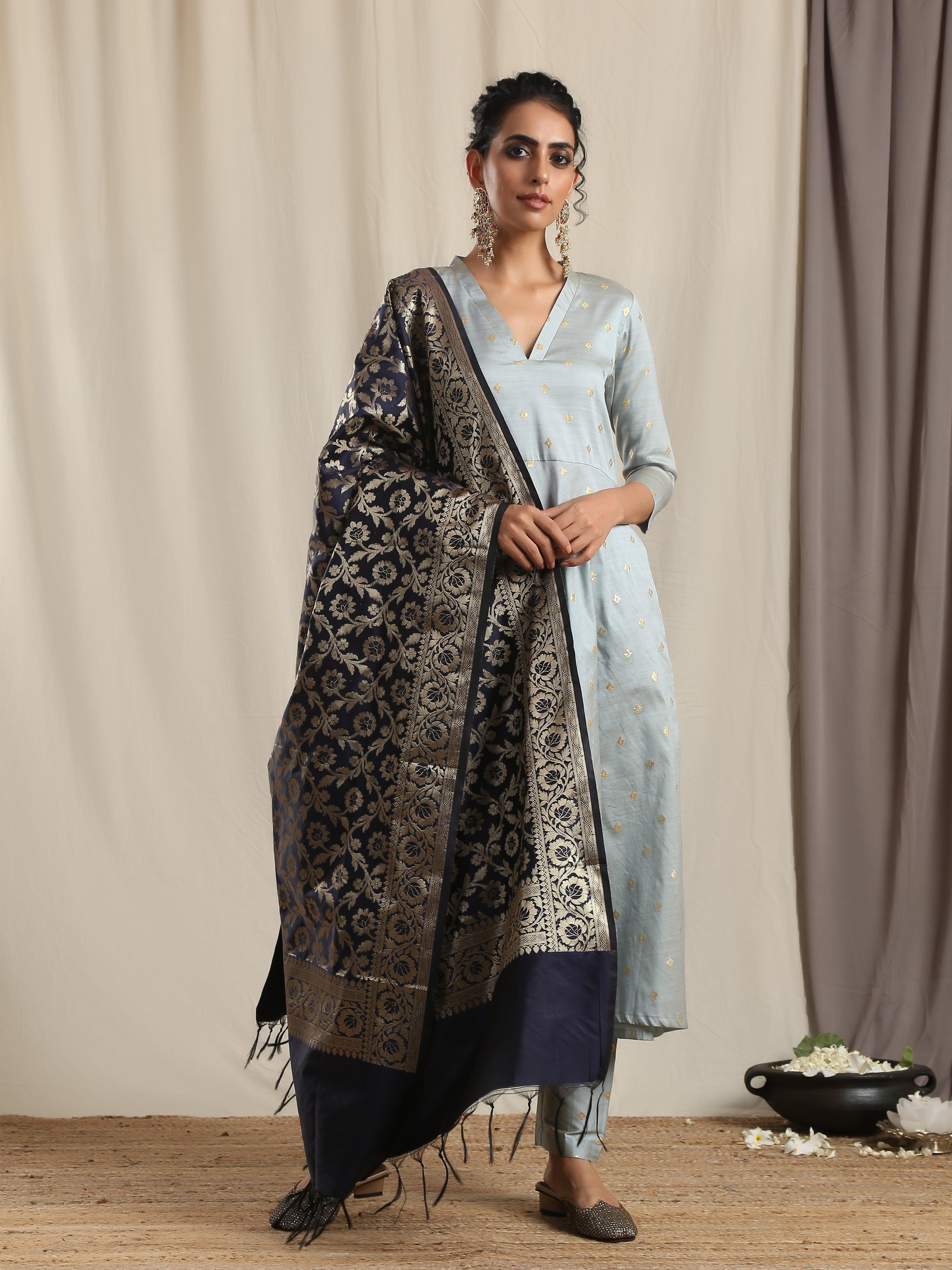 Blue Brocade Dupatta - trueBrowns