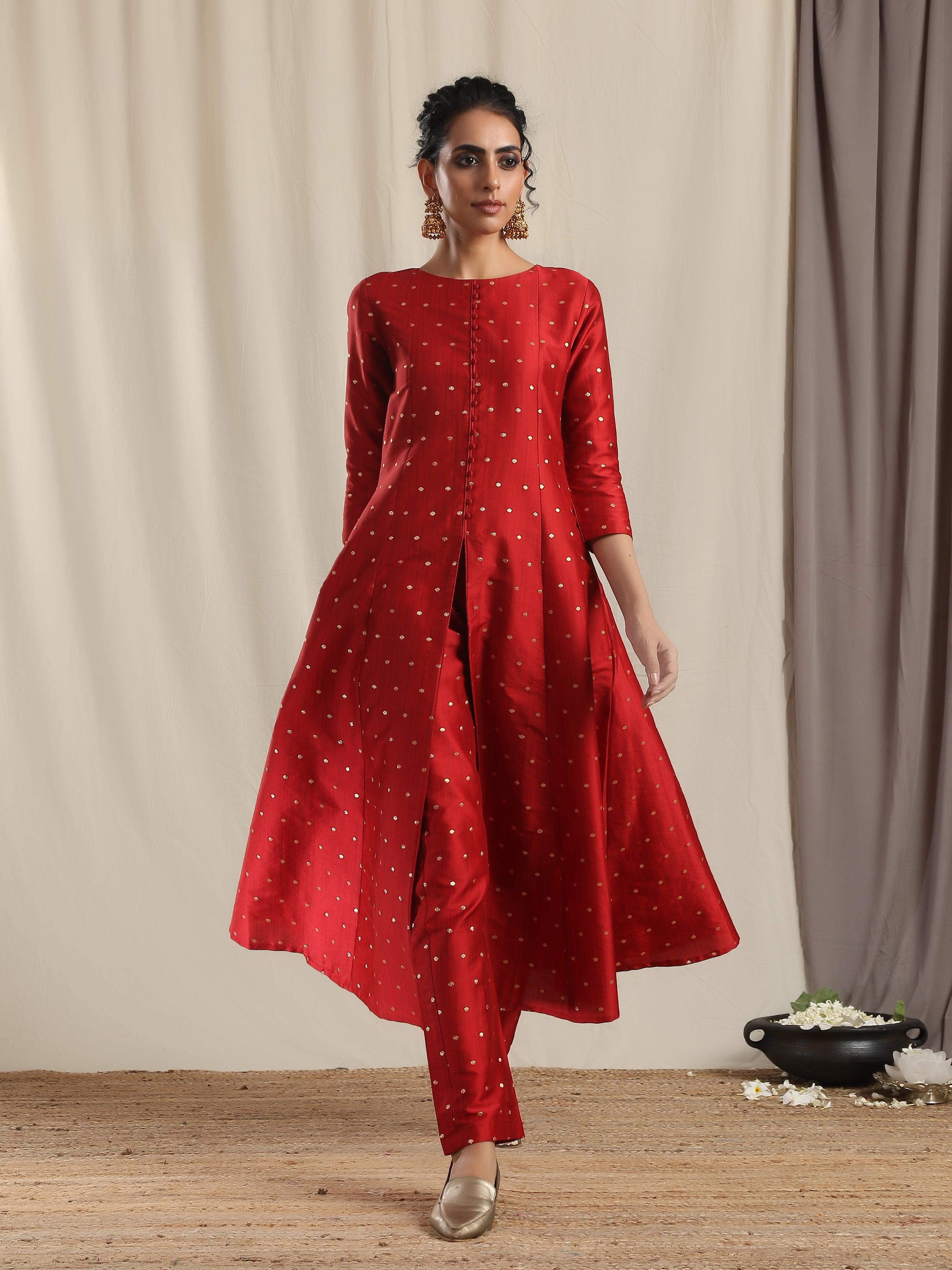 Red Silk Slit Kurta Pant Set - trueBrowns