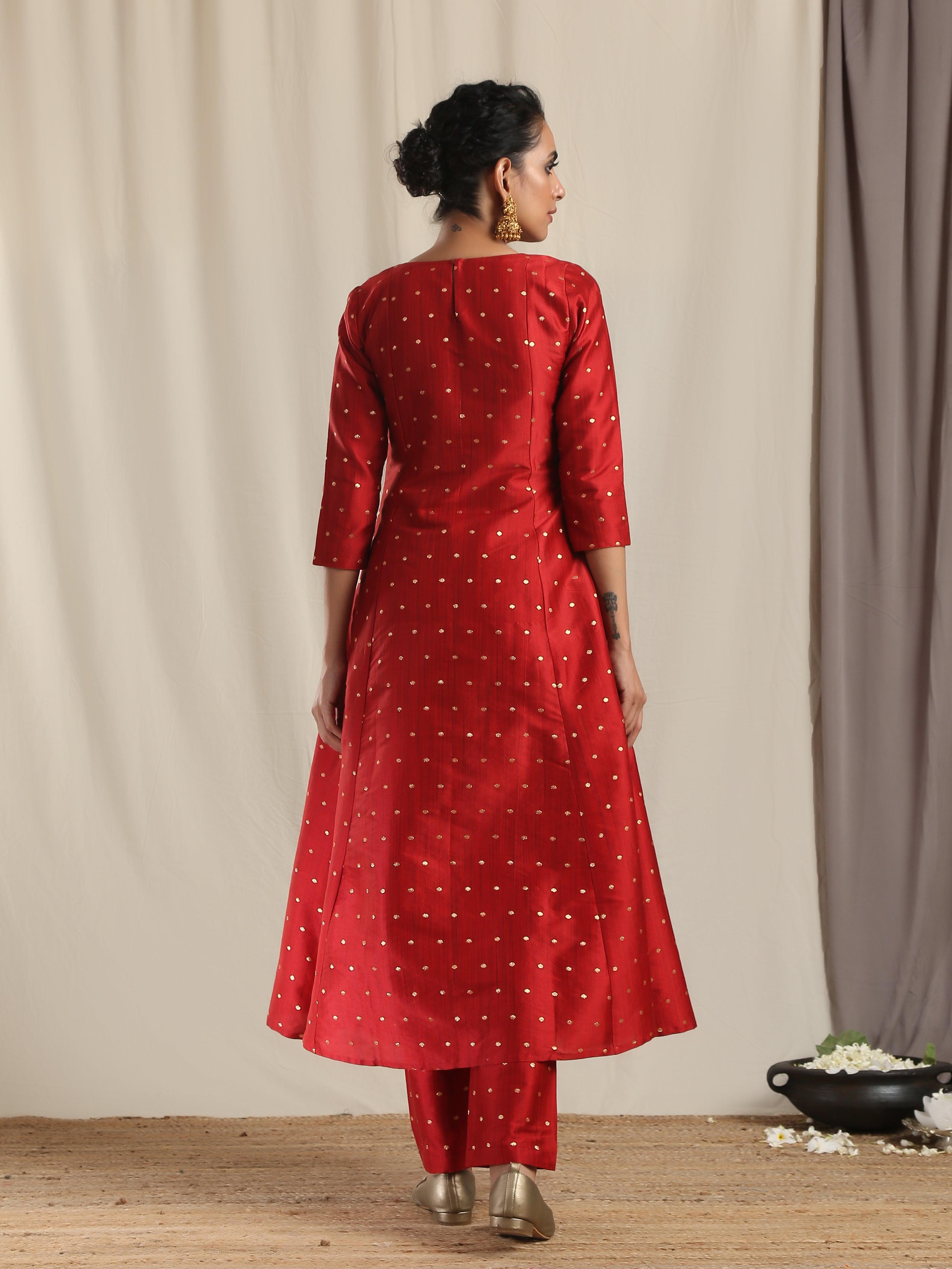 Red Silk Slit Kurta Pant Set - trueBrowns