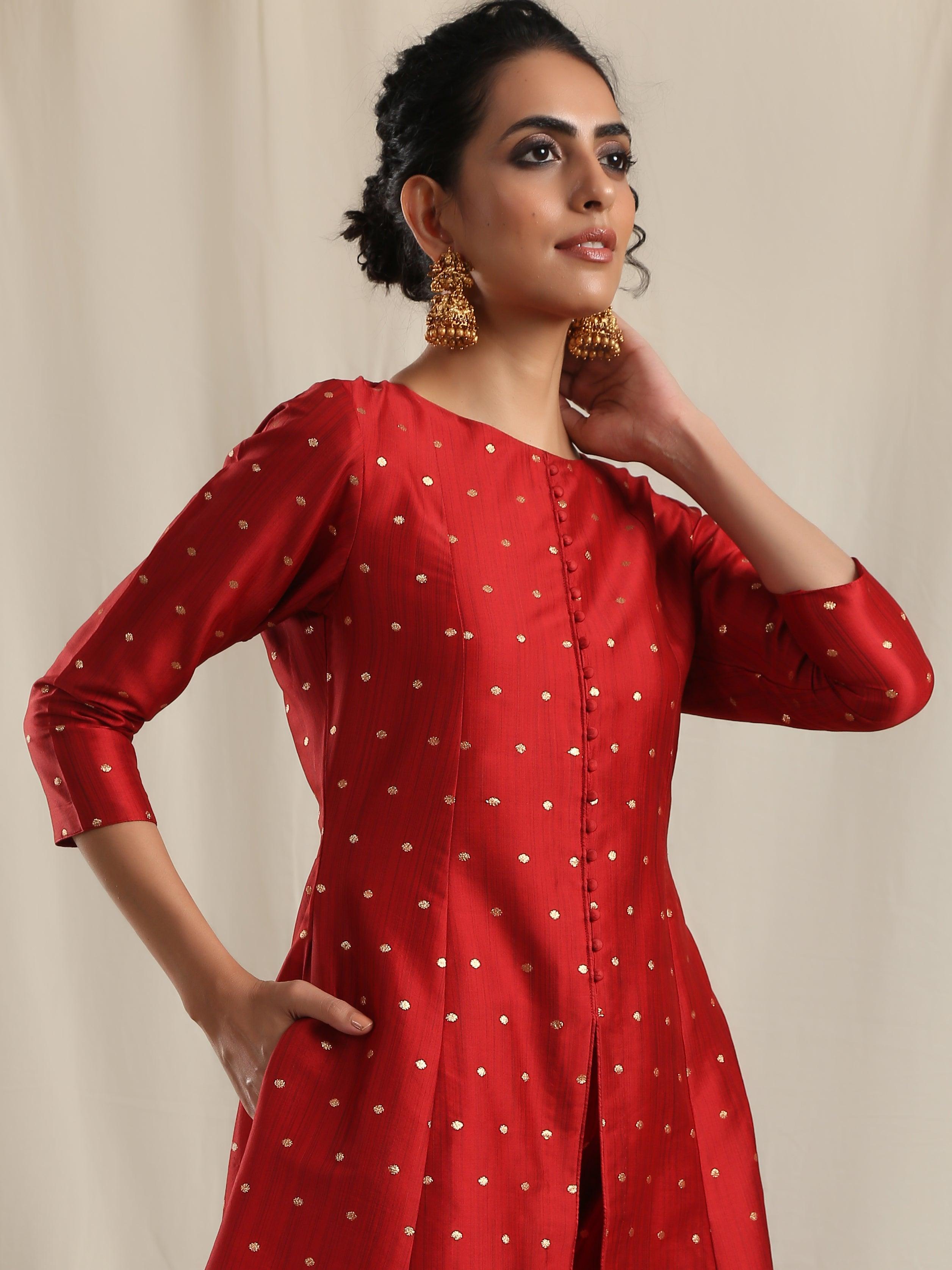 Red Silk Slit Kurta Pant Set - trueBrowns