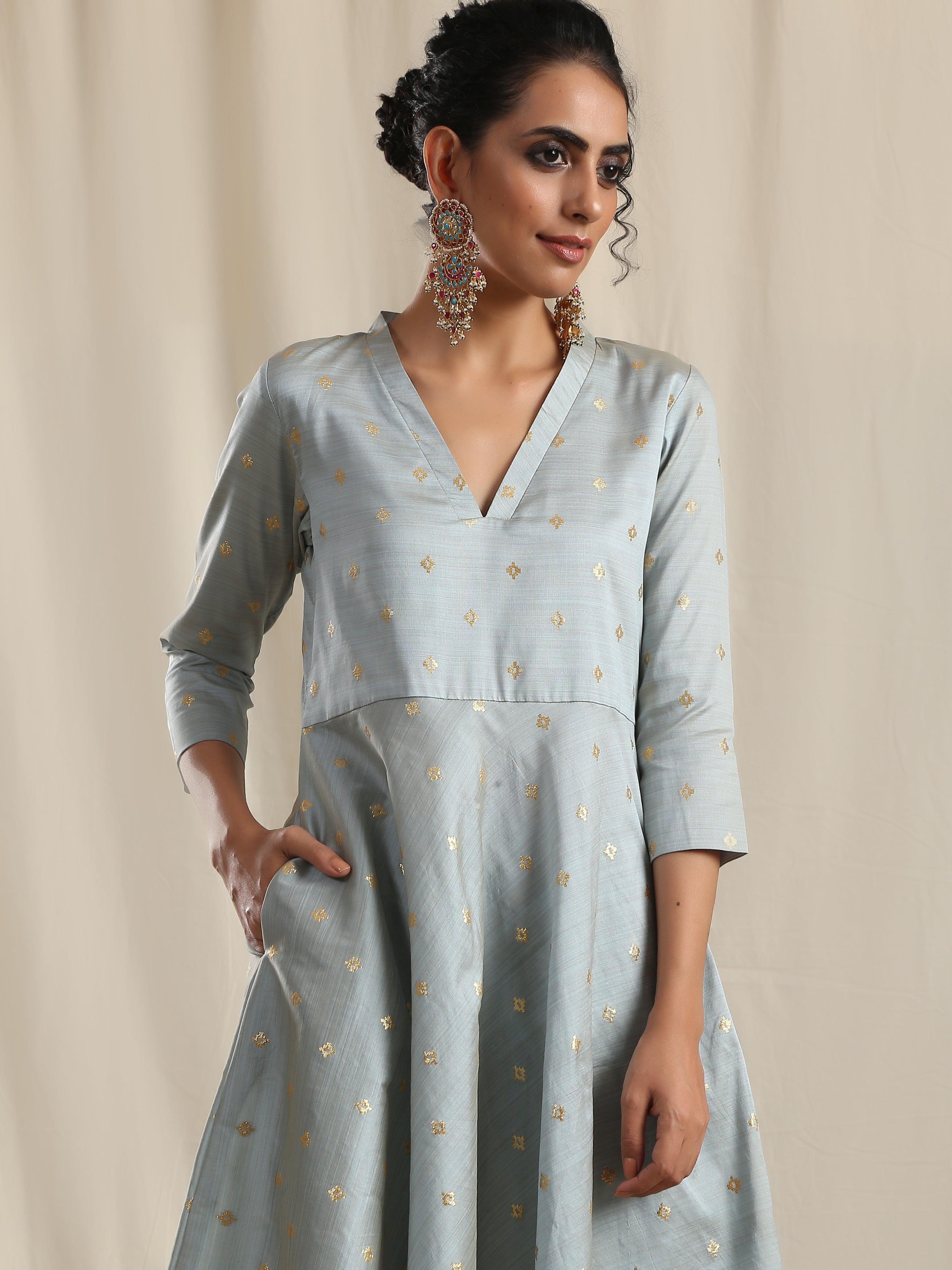 Grey Silk Flared Kurta Pant Set - trueBrowns