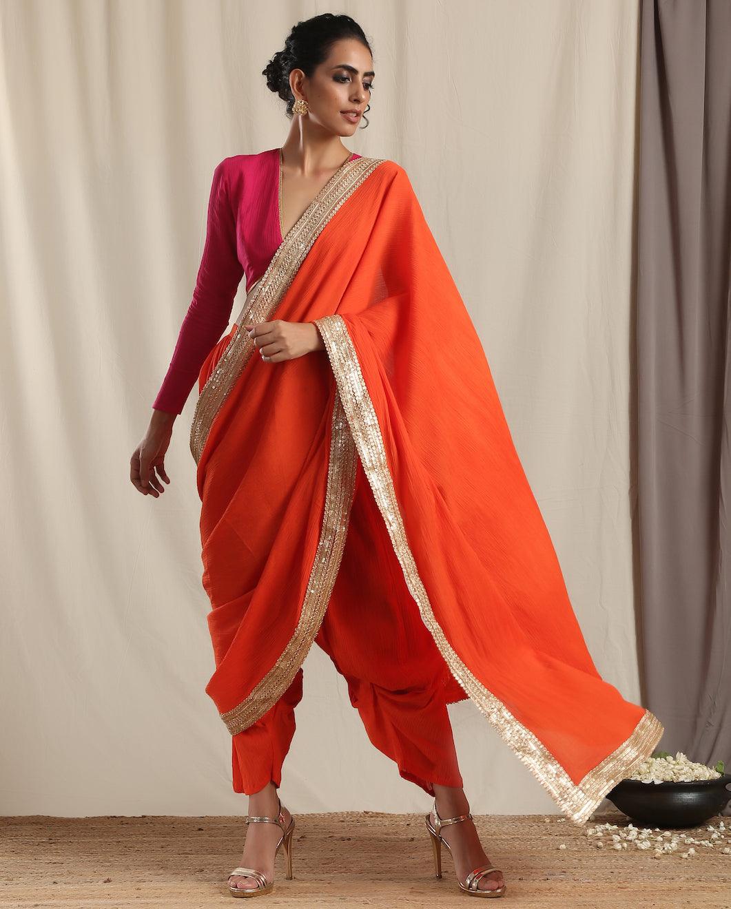Orange Crinkle Ready to Wear Gota Saree - trueBrowns