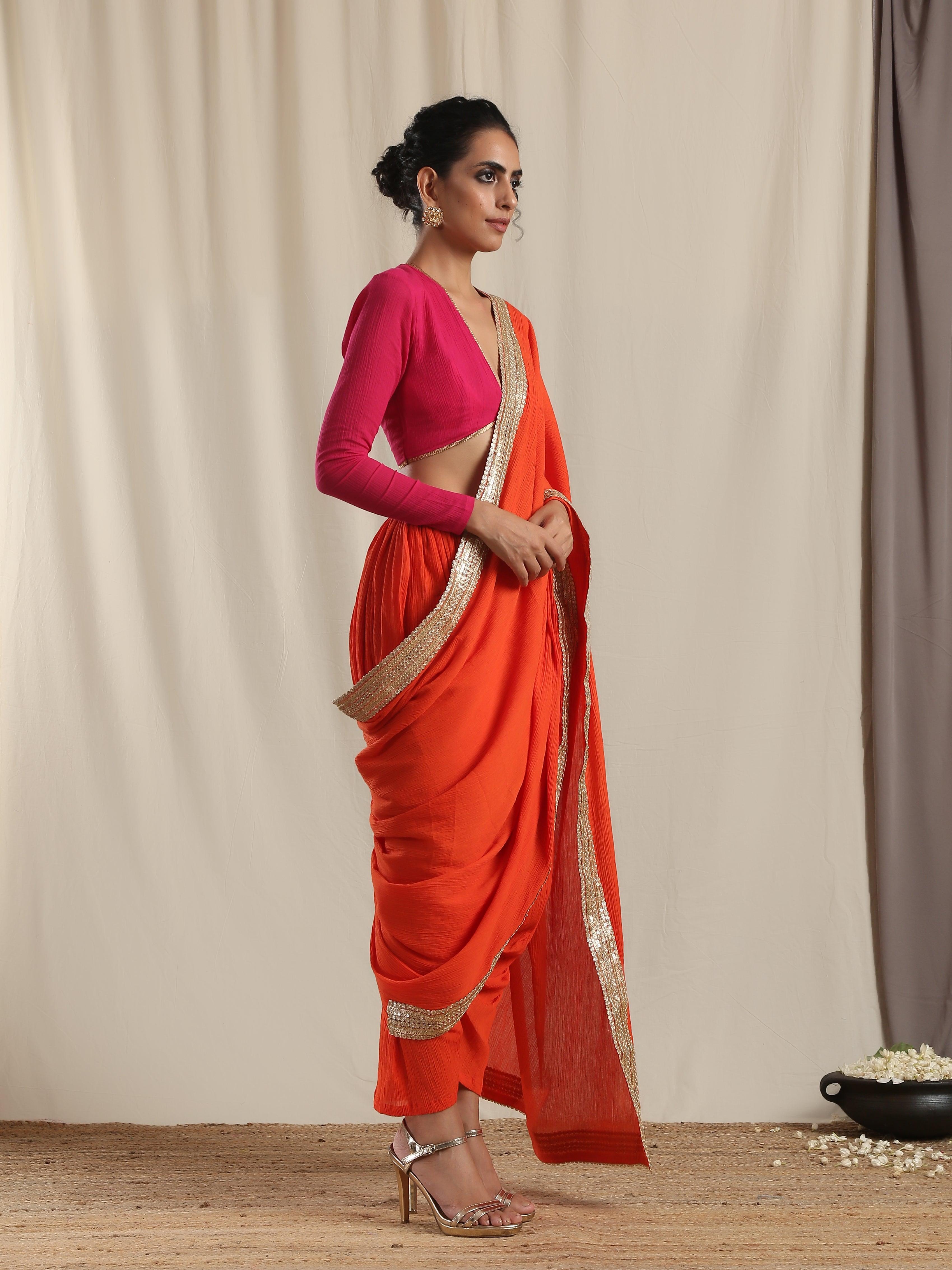 Orange Crinkle Ready to Wear Gota Saree - trueBrowns